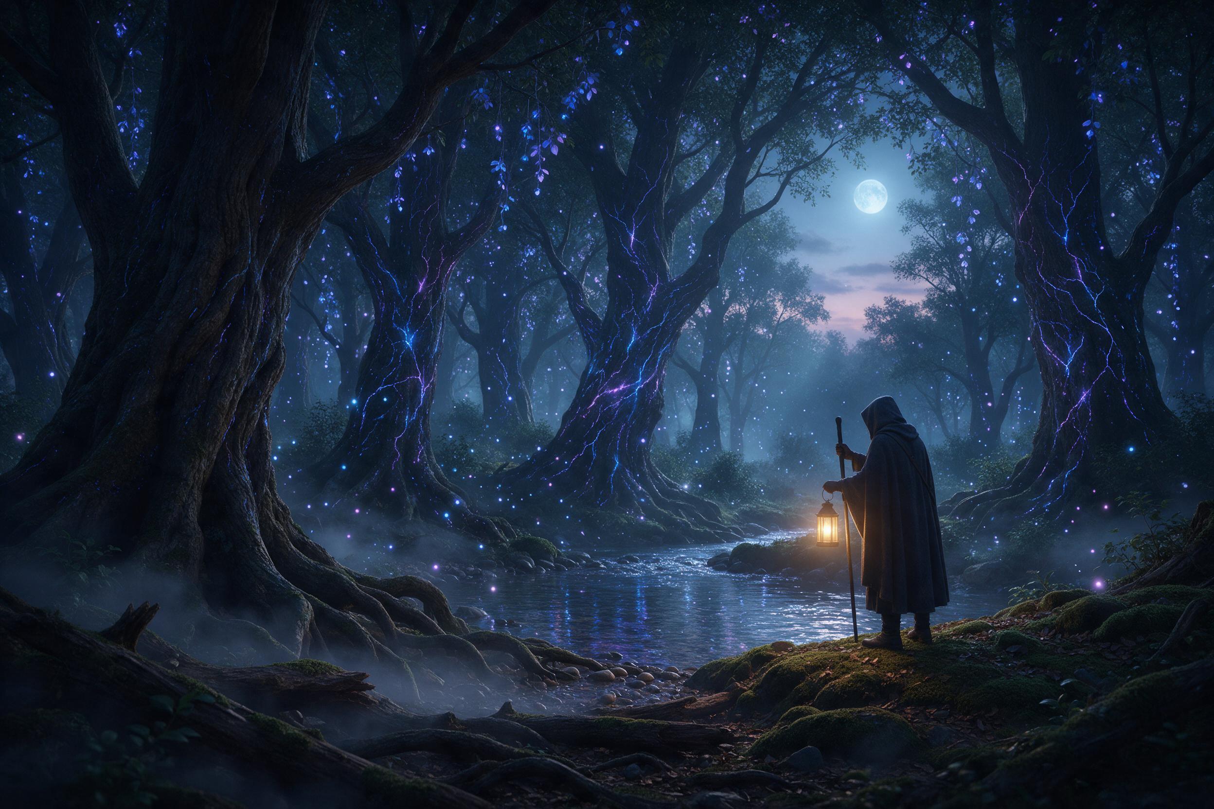 A bioluminescent ancient forest at dusk, towering gnarled trees with glowing blue and purple veins, floating motes of light swirling around a crystal-clear stream, a lone hooded figure with a lantern watching from a mossy bank, ethereal mist weaving between roots, soft cool moonlight breaking throug