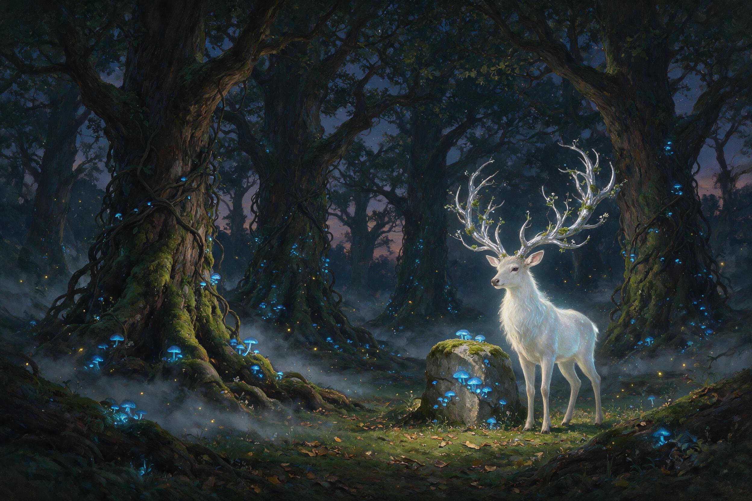 An ancient forest clearing at twilight, where glowing blue mushrooms and vines emit soft bioluminescence, a ethereal deer with antlers of twisted silver stands by a mossy stone, mist curls around gnarled roots, fireflies hover, oil painting style with thick impasto strokes and moody shadows