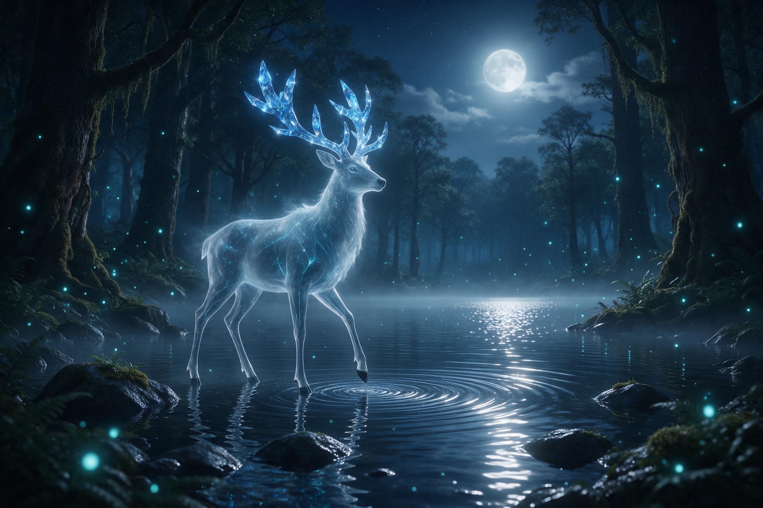A secluded moonlit lake nestled within an ancient, moss-covered forest. An ethereal, translucent giant stag with antlers of glowing blue crystals stands at the water's edge, its hooves skimming the surface, creating faint ripples of silver light. The air shimmers with drifting motes of teal luminesc