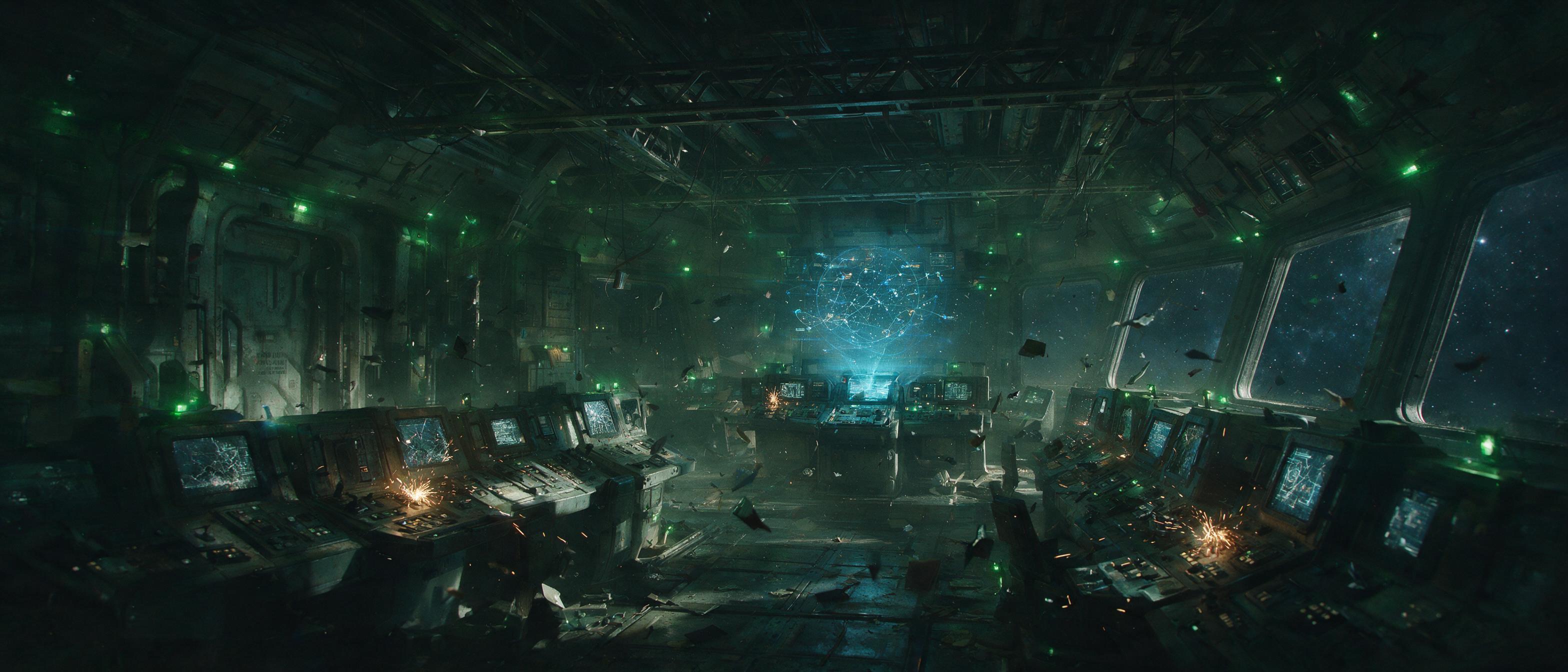 Abandoned space station interior, dusty control room, holographic star map flickering, broken screens, green emergency lights, floating debris, slight lens flare, cinematic composition, moody atmosphere