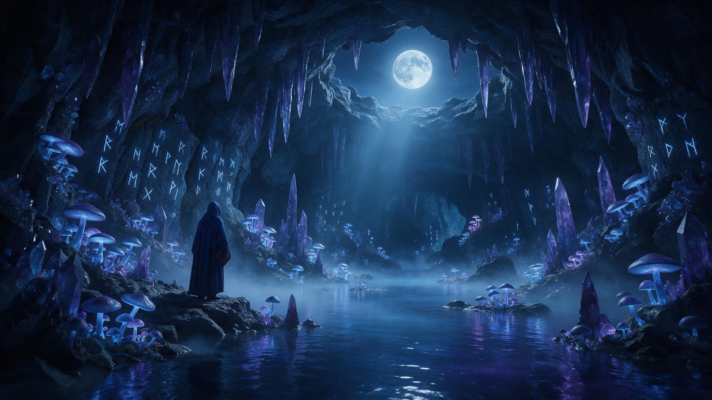 A moonlit crystal cavern with bioluminescent mushrooms casting soft blue and violet light, a shimmering underground river reflecting the glowing stalactites, mist drifting over the water, ancient runes carved on stone walls, ethereal and serene atmosphere, wide-angle composition with a lone hooded f