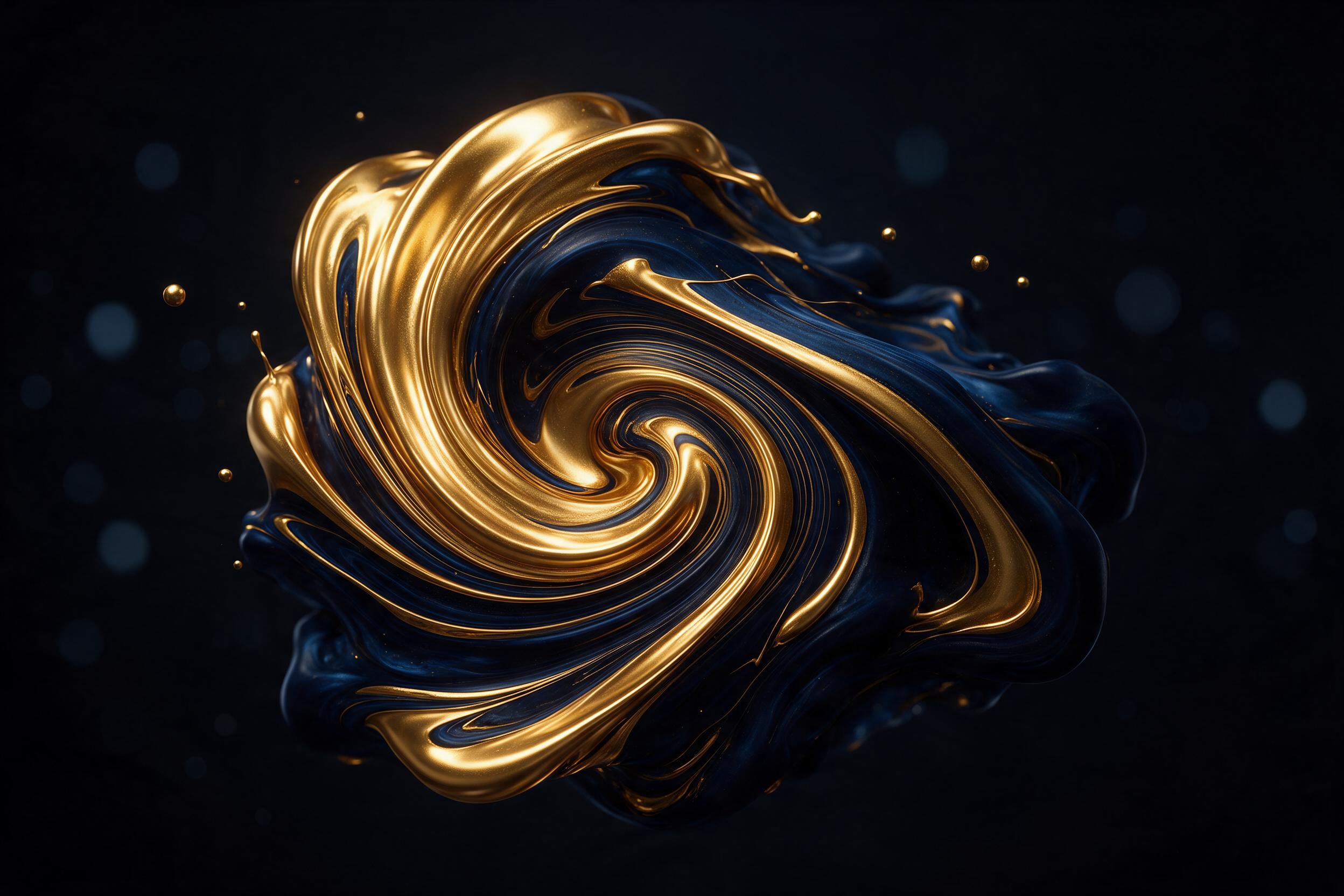 Molten gold and deep indigo fluid art swirling in a dark void, glossy metallic surfaces catching sharp highlights, soft bokeh, subtle ripples and splashes frozen mid-motion, minimalist composition, dramatic chiaroscuro lighting