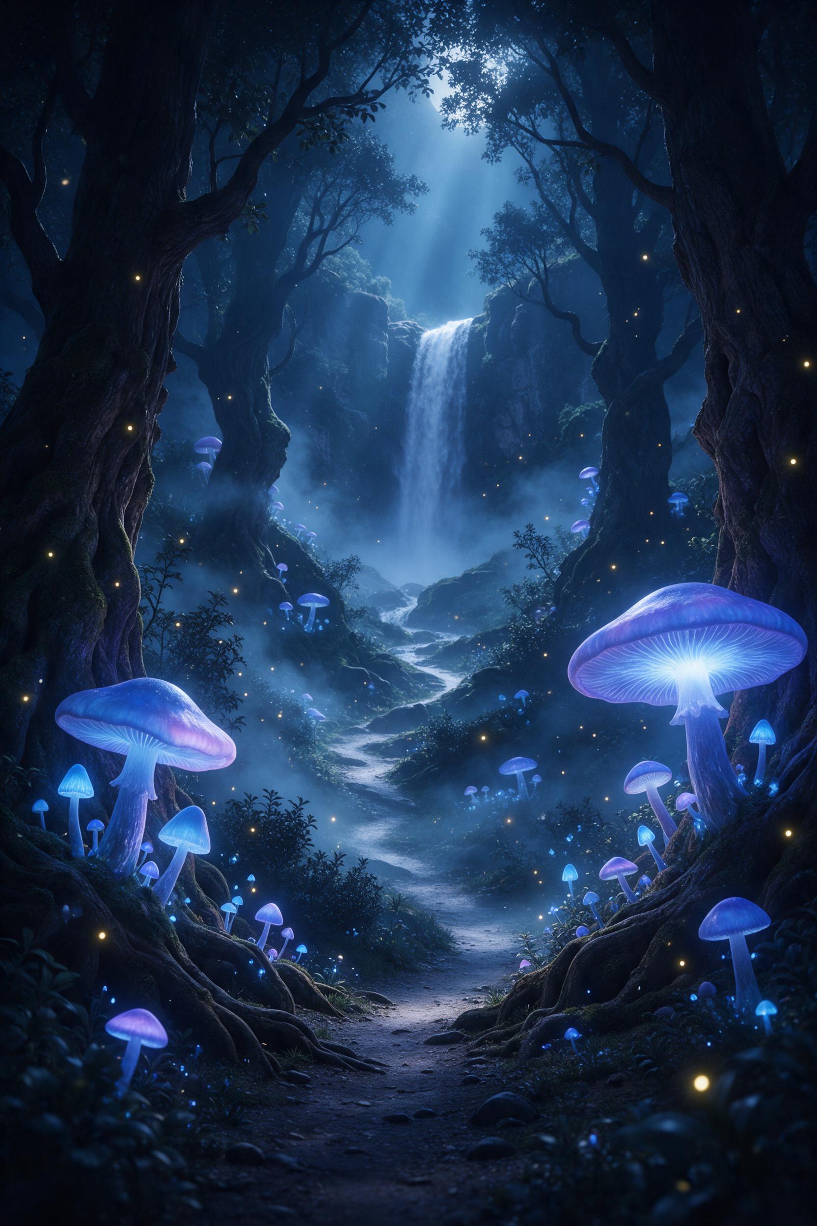 A moonlit forest with towering bioluminescent mushrooms casting soft blue and violet light, ethereal glowing mist weaving between ancient gnarled trees, a winding path leading to a distant waterfall, fireflies dancing in the air, cinematic depth with layered foliage, gentle god rays from a hidden mo