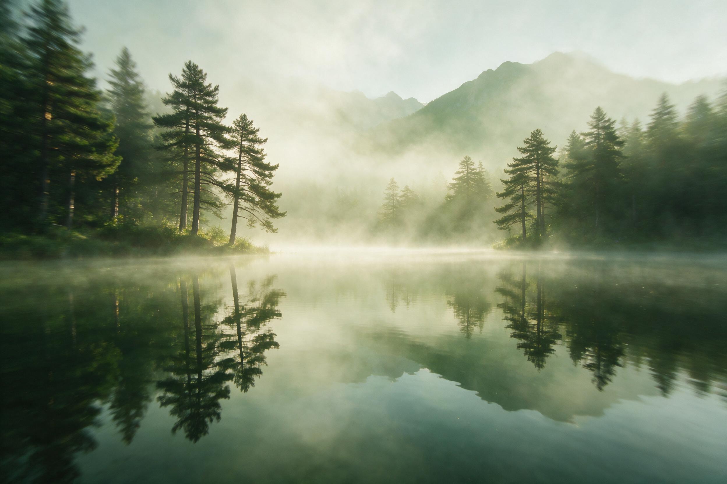 Misty morning over a calm lake, reflection of pine trees and distant mountain peaks, soft golden sunlight breaking through fog, slight camera shake creating a dreamy sensation, natural light and muted green tones