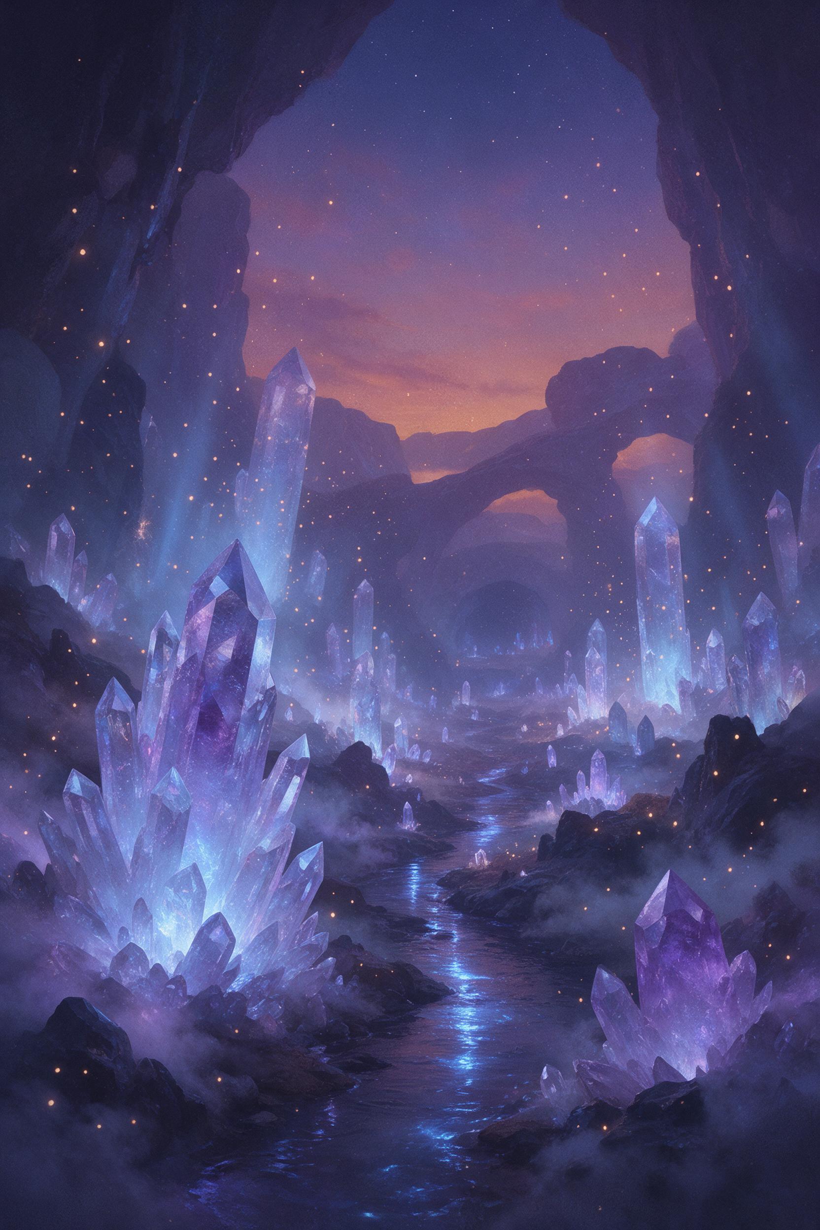 A glowing crystal cavern beneath a twilight sky, floating luminous spores drifting between jagged quartz pillars, a narrow stream reflecting bioluminescent blue light, mist curling around rocks, soft volumetric glow from the crystals, atmospheric depth with distant arches, painterly texture with sub