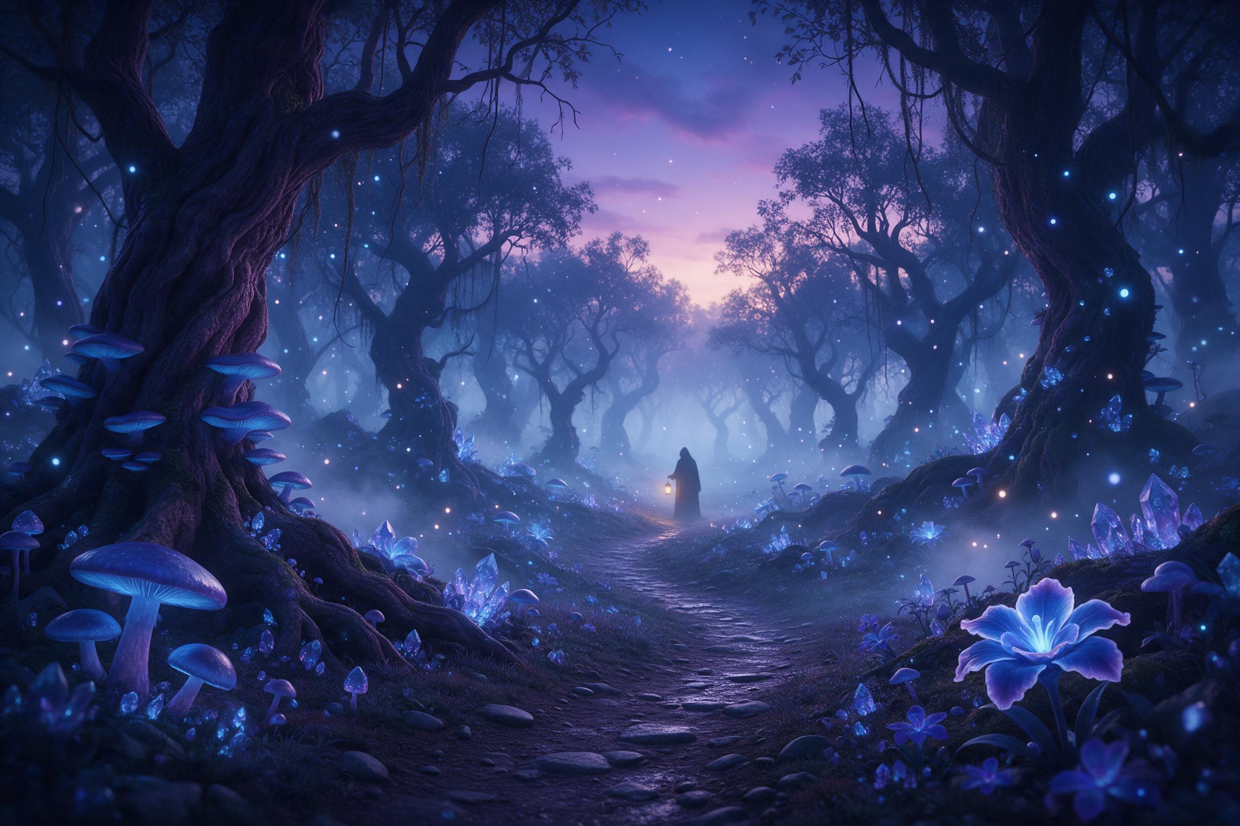 A glowing crystal forest at twilight, bioluminescent mushrooms and blue-petaled flowers lining a winding path, soft mist curling between ancient twisted trees, a silhouette of a cloaked figure with a lantern in the distance, scattered light particles like fireflies, cool blue and violet palette, gen