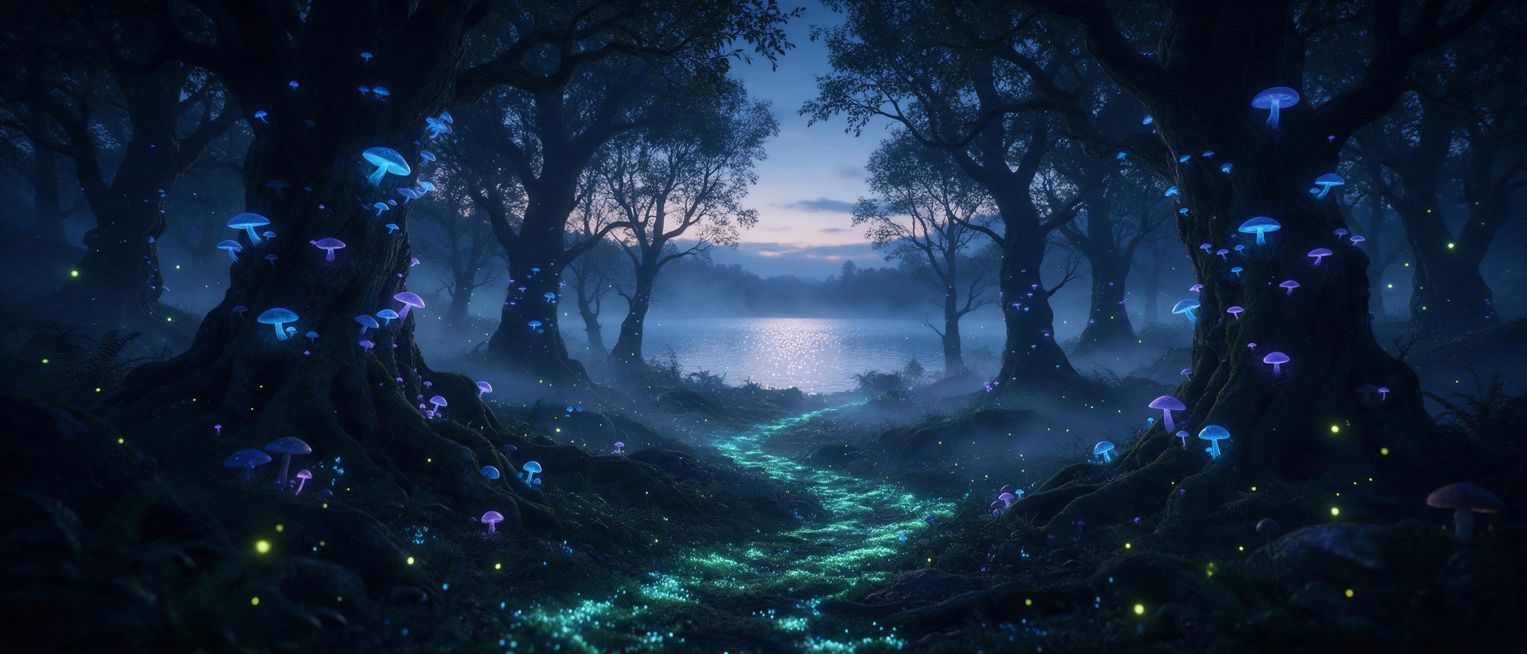 A bioluminescent forest at twilight, ancient gnarled trees with glowing blue and purple mushrooms, a winding path of luminous moss leading to a distant shimmering lake, mist rising, fireflies in the air, cinematic wide shot, cool color palette, subtle fog, no people