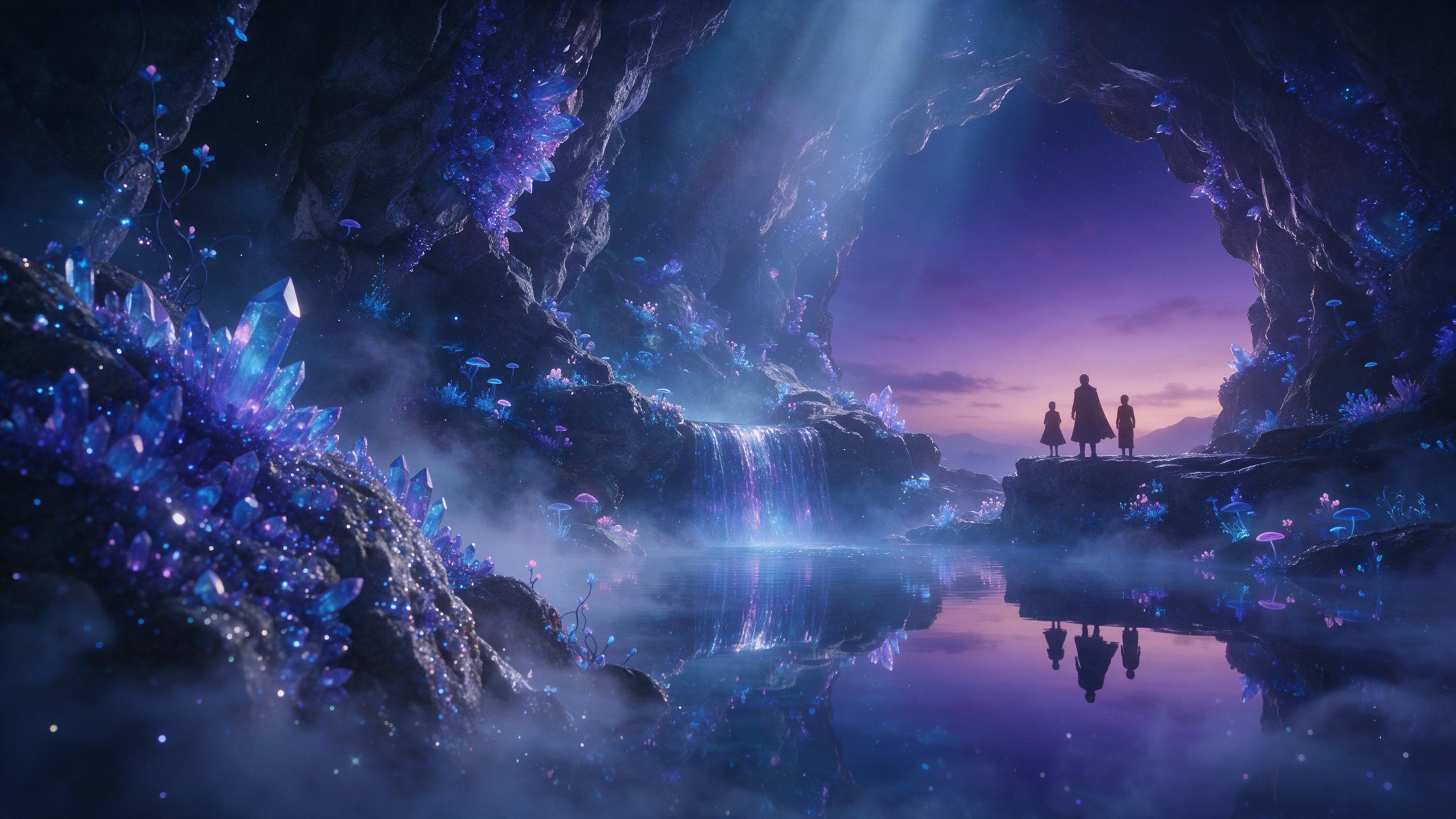 A glowing crystal cavern beneath twilight sky, bioluminescent flora along rocky walls, a small waterfall feeding a mirror-like pool, ethereal mist, magical blue and purple hues, characters in silhouette on cliff edge, soft volumetric light from above, cinematic composition with layered depth
