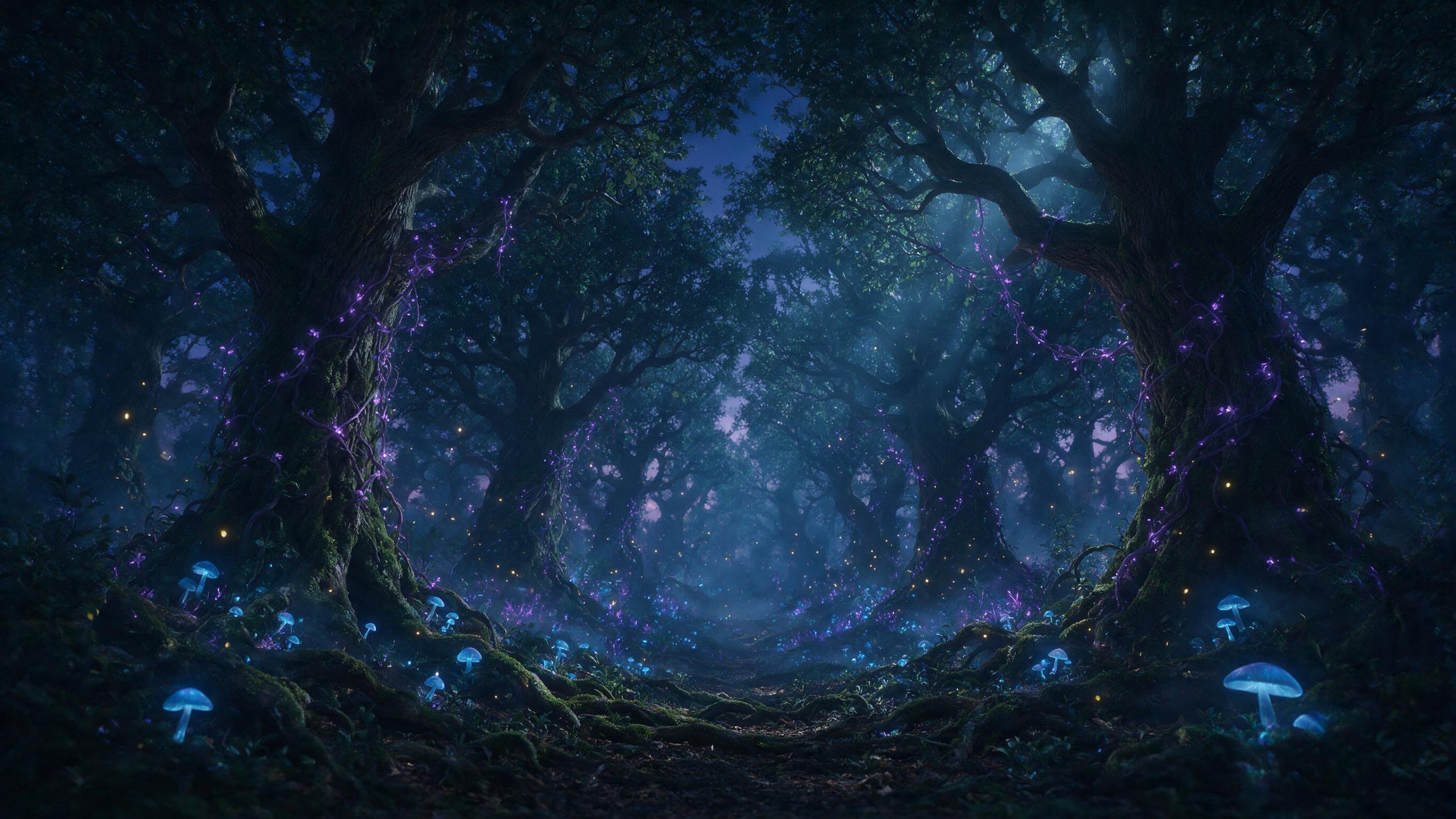A misty, enchanted forest at twilight, bioluminescent blue mushrooms and glowing purple vines winding around ancient oak trees, soft golden fireflies, deep shadows, cool moonlight filtering through dense canopy, ethereal atmosphere, slightly soft focus.