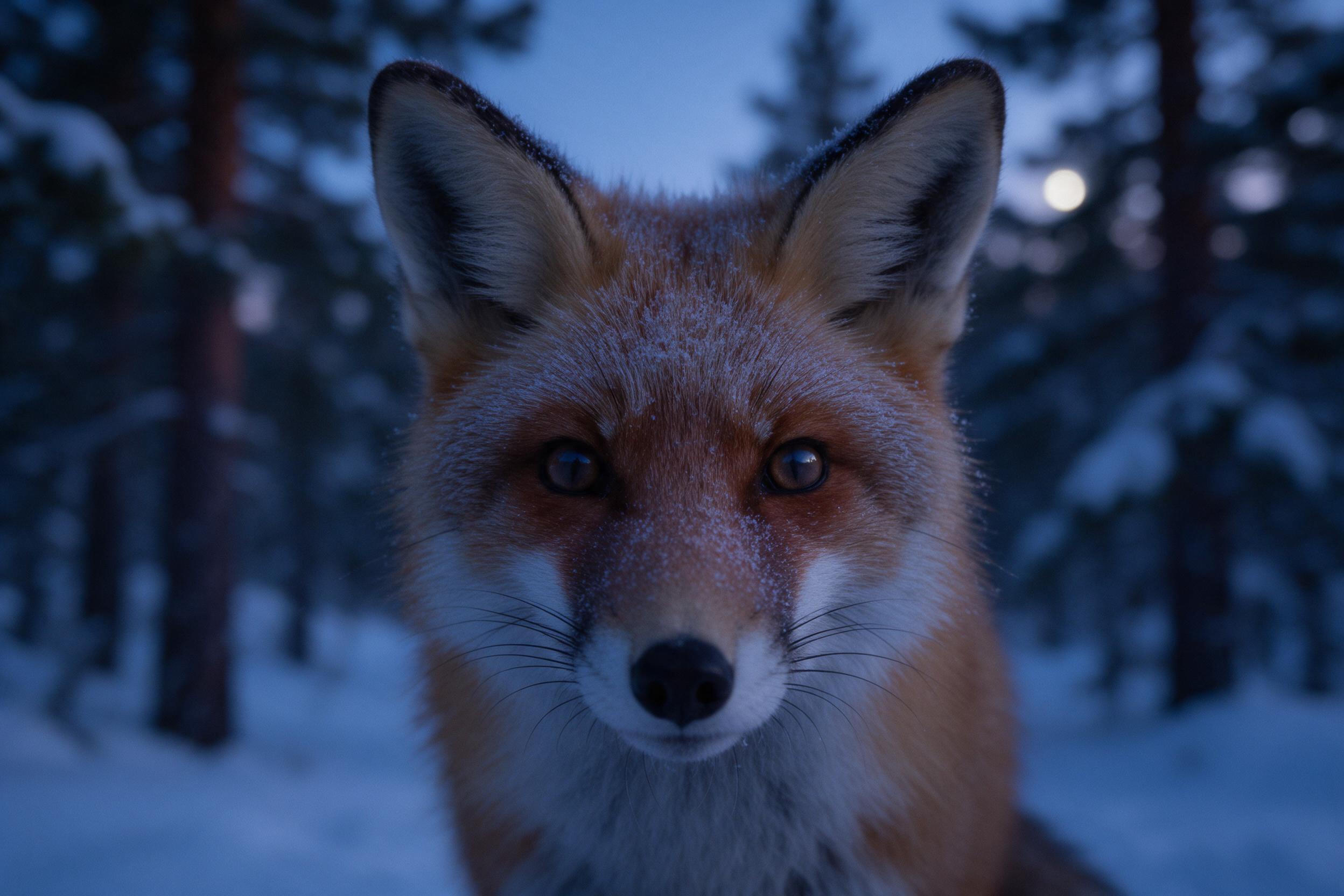 A close-up portrait of a red fox in a snowy forest during blue hour, fur texture detailed with light frost, eyes reflecting soft moonlight, bokeh of blurred pine trees in background, natural low-light photography, shallow depth of field, subtle grain, no human elements.