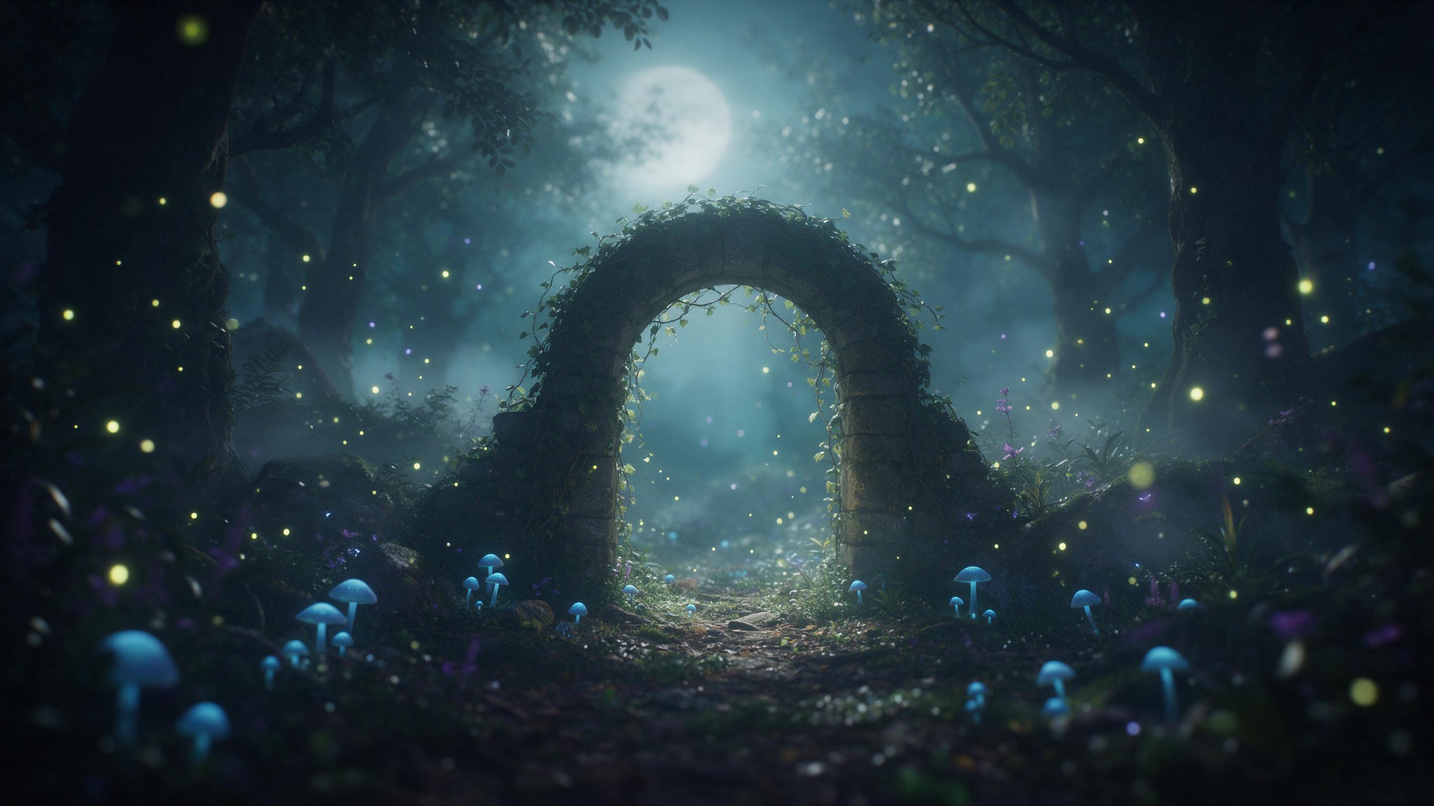 A moonlit enchanted forest, glowing blue mushrooms and floating fireflies, a hidden stone archway overgrown with vines, mist weaving between ancient trees, ethereal atmosphere, soft volumetric light, muted teal and violet palette, cinematic composition, shallow depth of field.