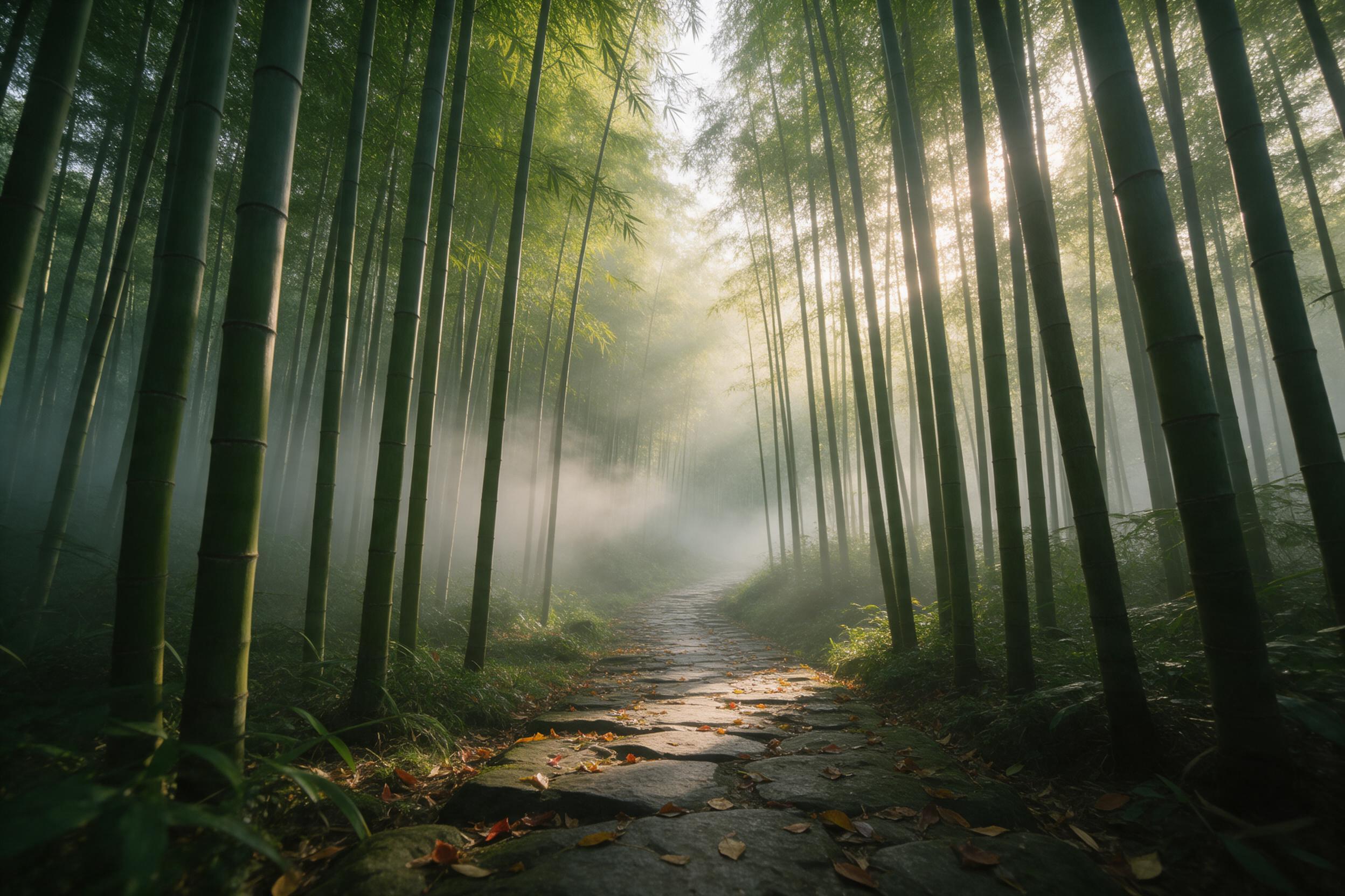 A misty bamboo forest at dawn, soft golden light filtering through tall green stalks, a small winding stone path with fallen leaves, gentle fog rolling between trees, serene atmosphere, wide-angle composition emphasizing depth and tranquility