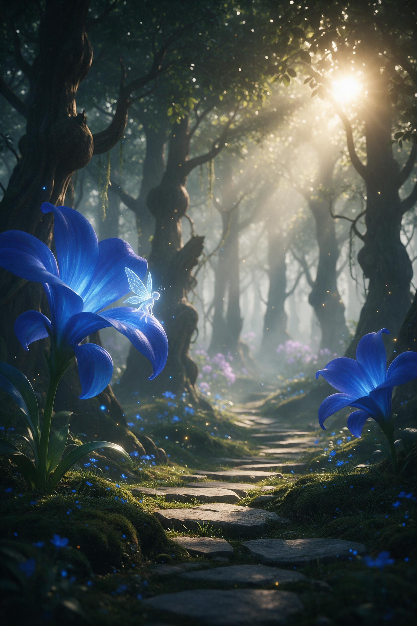 A sunlit ancient forest with towering, luminescent blue flowers and a winding path of moss-covered stones, soft morning mist weaving between gnarled trunks, a small glowing sprite with translucent wings perched on a petal, warm golden rays filtering through canopy, shallow depth of field, ethereal a