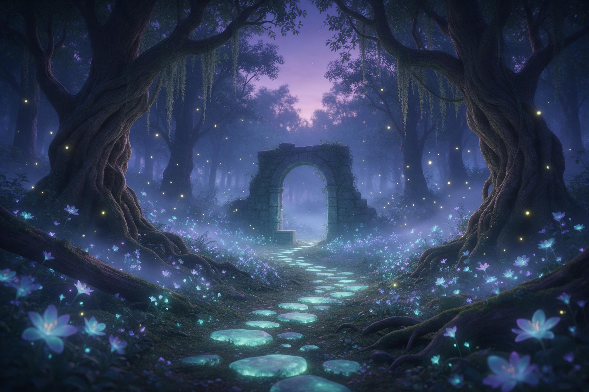 Enchanted forest clearing at twilight, bioluminescent flowers glowing softly, ancient gnarled trees with hanging moss, a winding path of glowing stones leading to a ruined stone archway, fireflies dancing in the air, mist low on the ground, soft teal and violet color palette, ethereal atmosphere, sh