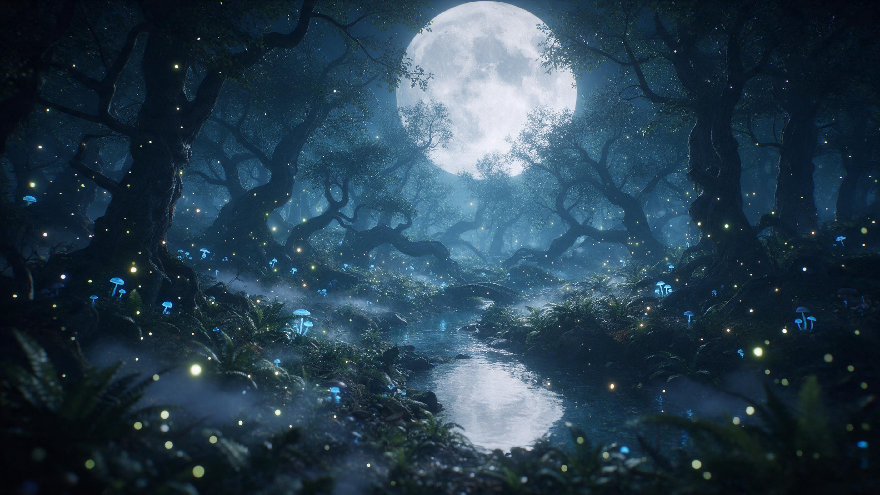 A moonlit enchanted forest, ancient twisted trees with glowing blue mushrooms and swirling fireflies, a crystal-clear stream reflecting a giant pale moon, mist curling between ferns, a small stone bridge hidden in shadows, ethereal silver light, soft bokeh, wide angle view, mysterious atmosphere
