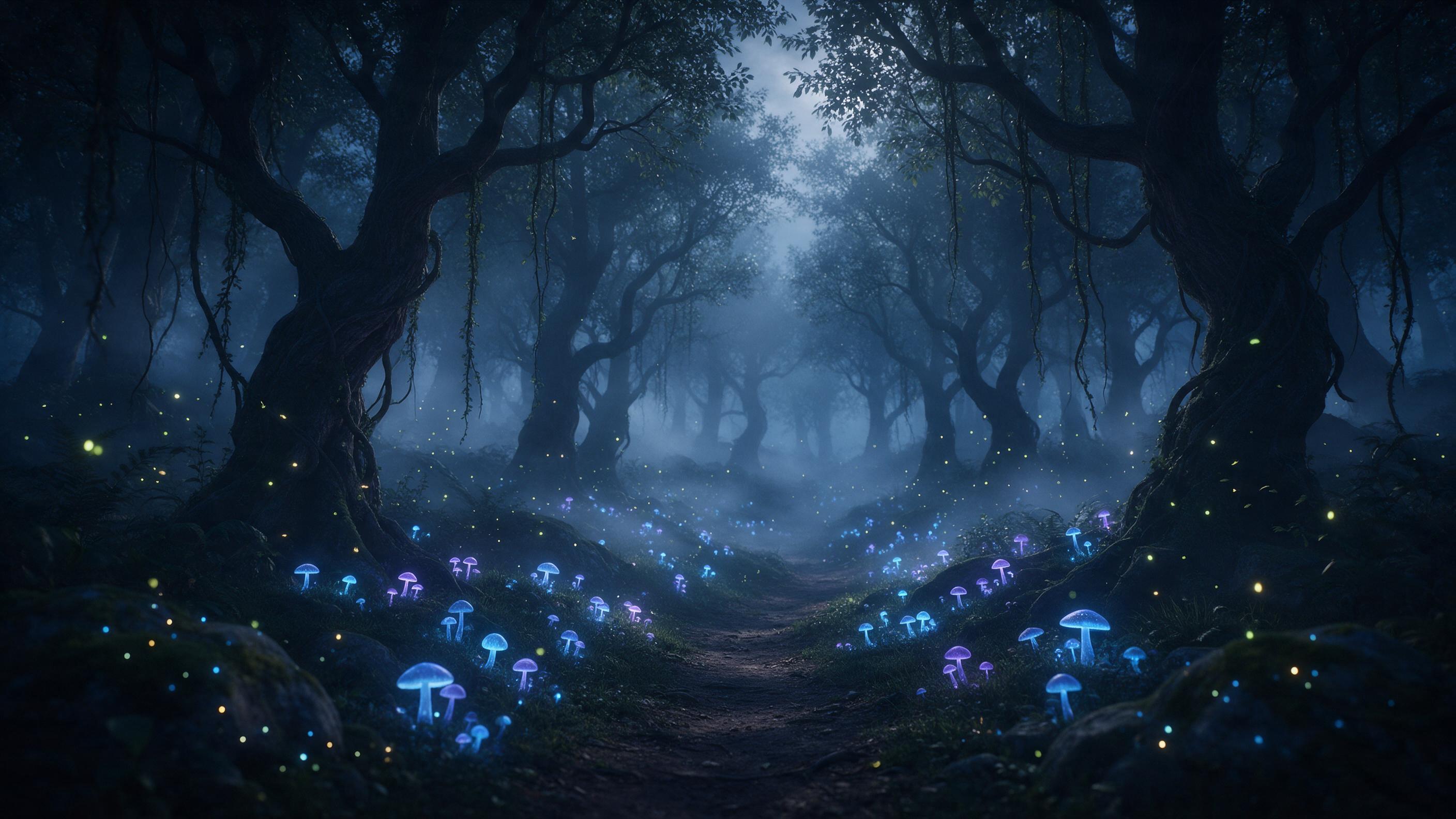 A misty forest at twilight, bioluminescent mushrooms glow blue and purple along a winding dirt path. Ancient twisted trees with hanging vines, fireflies dancing in the air. Soft fog rolls through the trunks, diffused moonlight filtering through the canopy. Foreground mossy rocks with tiny glowing sp