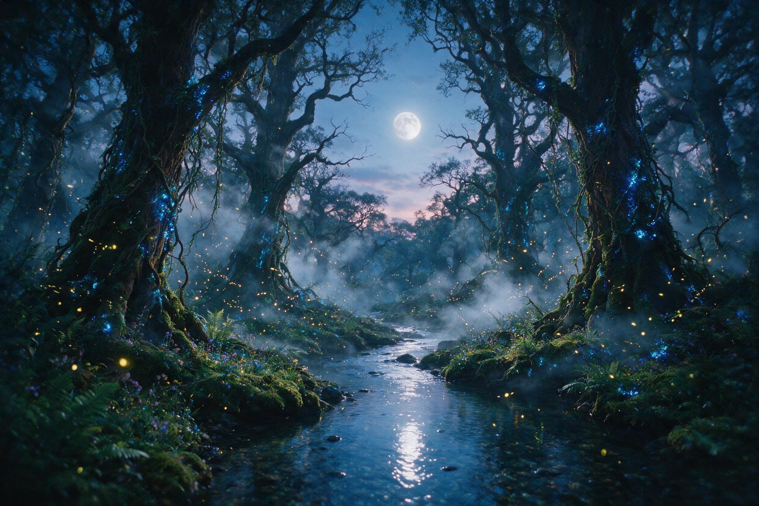 A mystical forest at twilight, towering ancient trees with glowing blue moss, tiny fireflies floating in spirals, a crystal-clear stream reflecting the moon, soft mist between branches, ethereal atmosphere, slight camera shake, film grain, 35mm lens