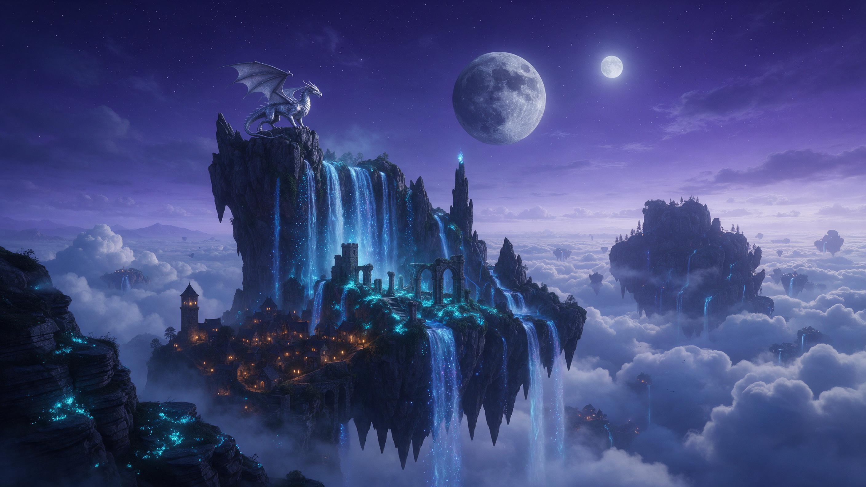 A moonlit floating island with bioluminescent blue waterfalls cascading into a sea of clouds, ancient stone ruins covered in glowing moss, a lone silver dragon perched on a cliff, stars and two moons in a violet sky, ethereal mist, warm lantern glow from a small village below, cinematic composition