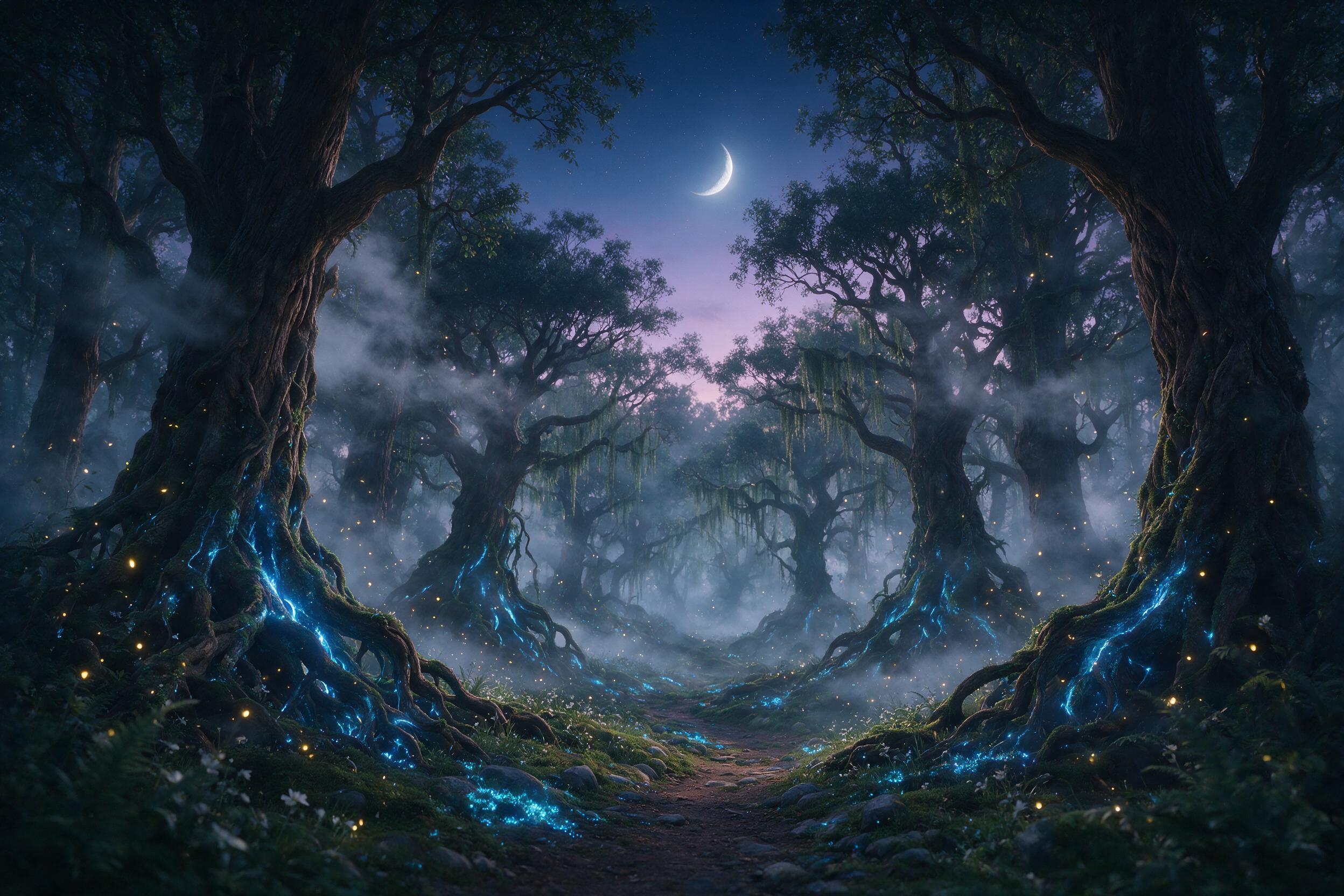 A mystical forest at twilight, ancient trees with glowing blue bioluminescent roots, soft mist weaving through gnarled branches, a crescent moon casting silver light through the canopy, fireflies floating like stars, shallow depth of field, cinematic composition, ethereal atmosphere