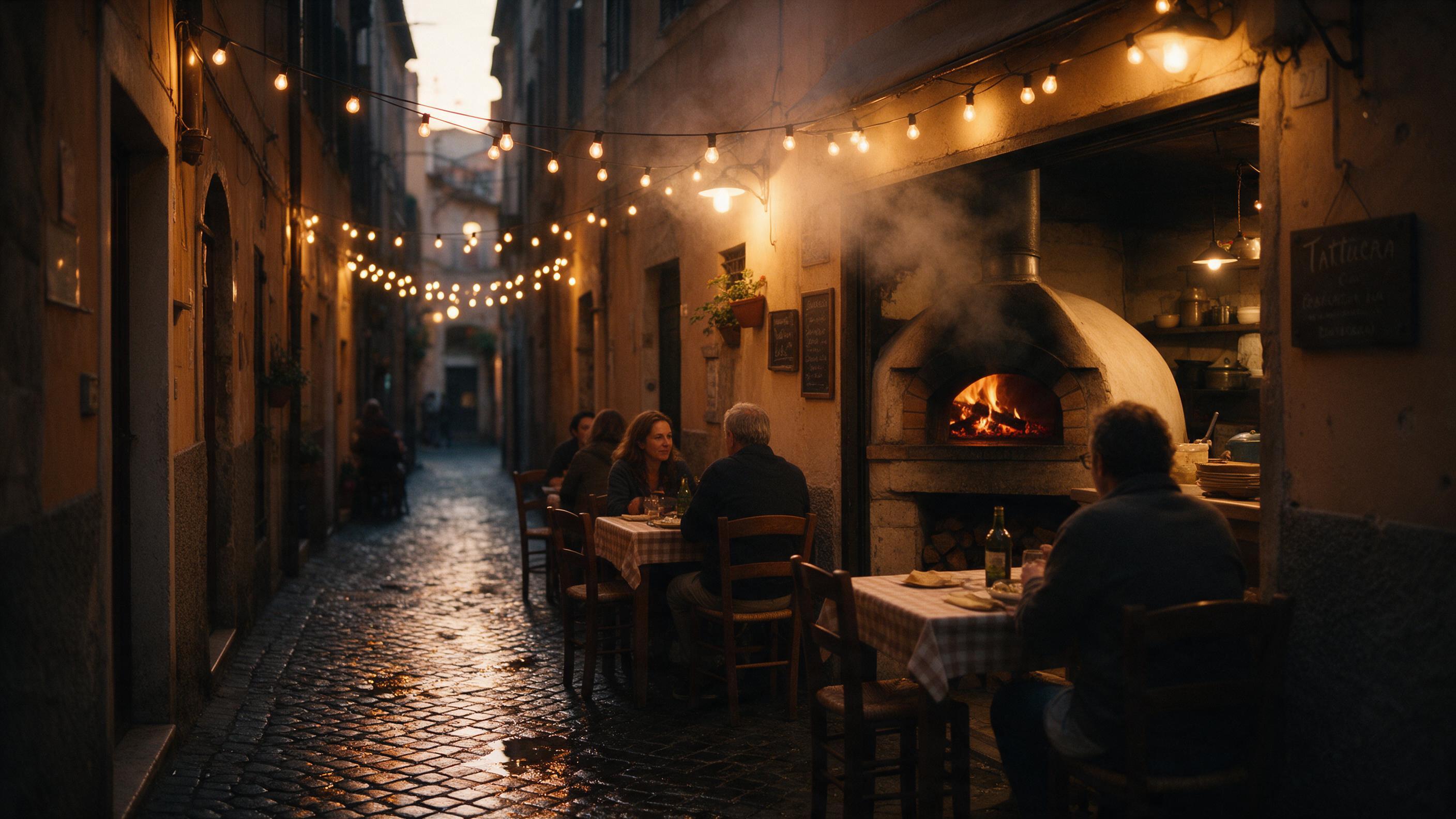 A narrow Italian alley at dusk, warm string lights overhead, wet cobblestones reflecting amber glow, a small trattoria with open wood-fired oven, steam rising, patrons at rustic tables, shallow depth of field, natural evening light, slight grain