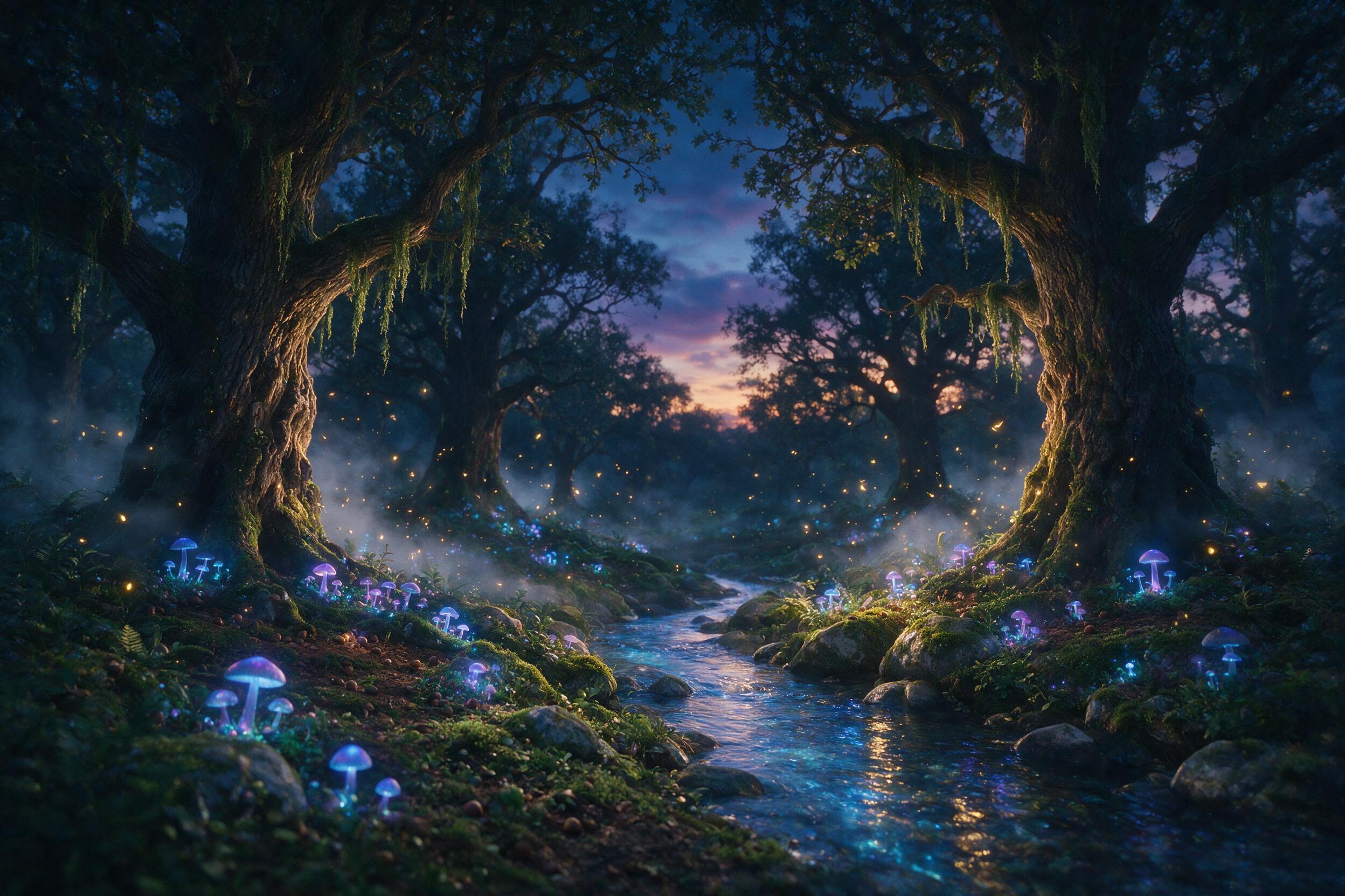 Enchanted forest at twilight, bioluminescent mushrooms casting soft blue and purple light, mist swirling around ancient oak trees, a small glowing stream winding through mossy rocks, fireflies dancing in the air, cinematic composition with deep shadows and warm highlights, 35mm lens, natural grain