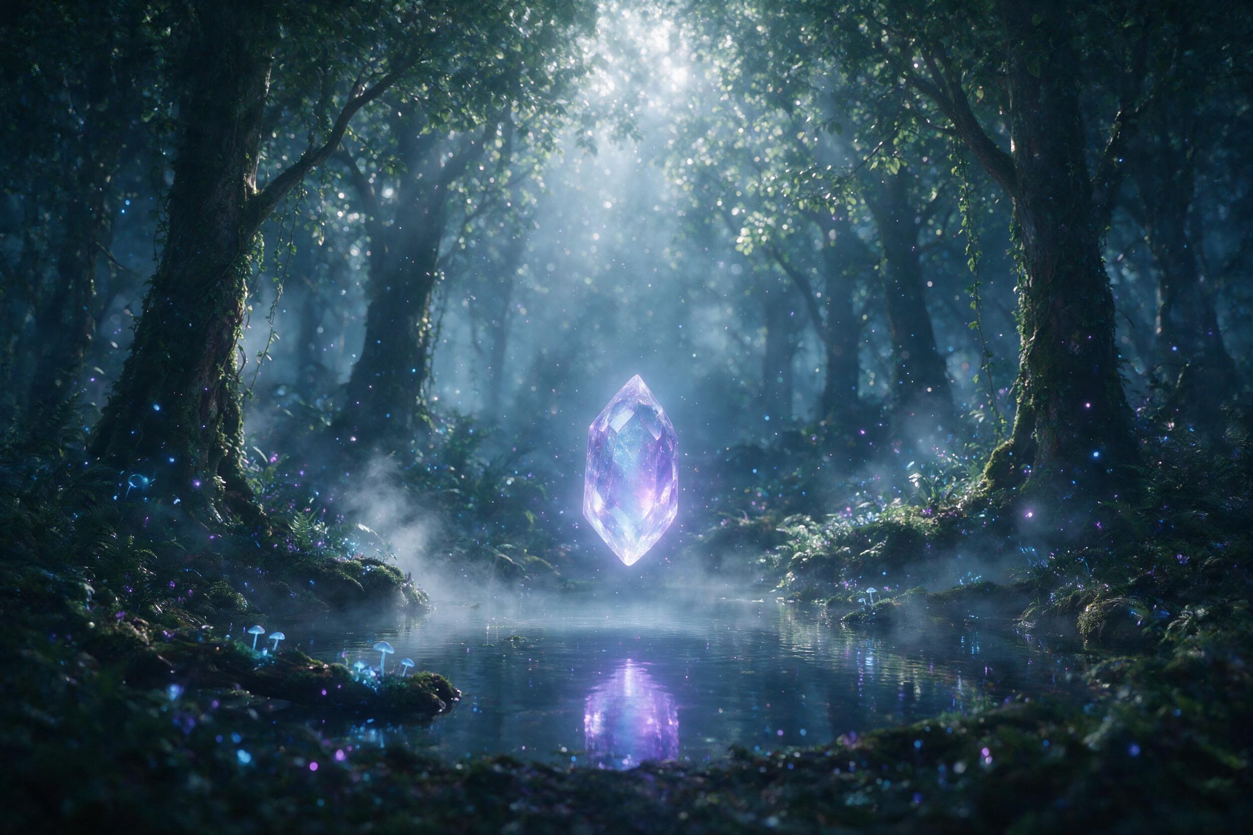 A glowing crystal floating in a misty forest, bioluminescent plants, soft blue and purple light, ethereal atmosphere, shallow depth of field, mist rising from a small pond, silver moonlight filtering through canopy, subtle particle effects
