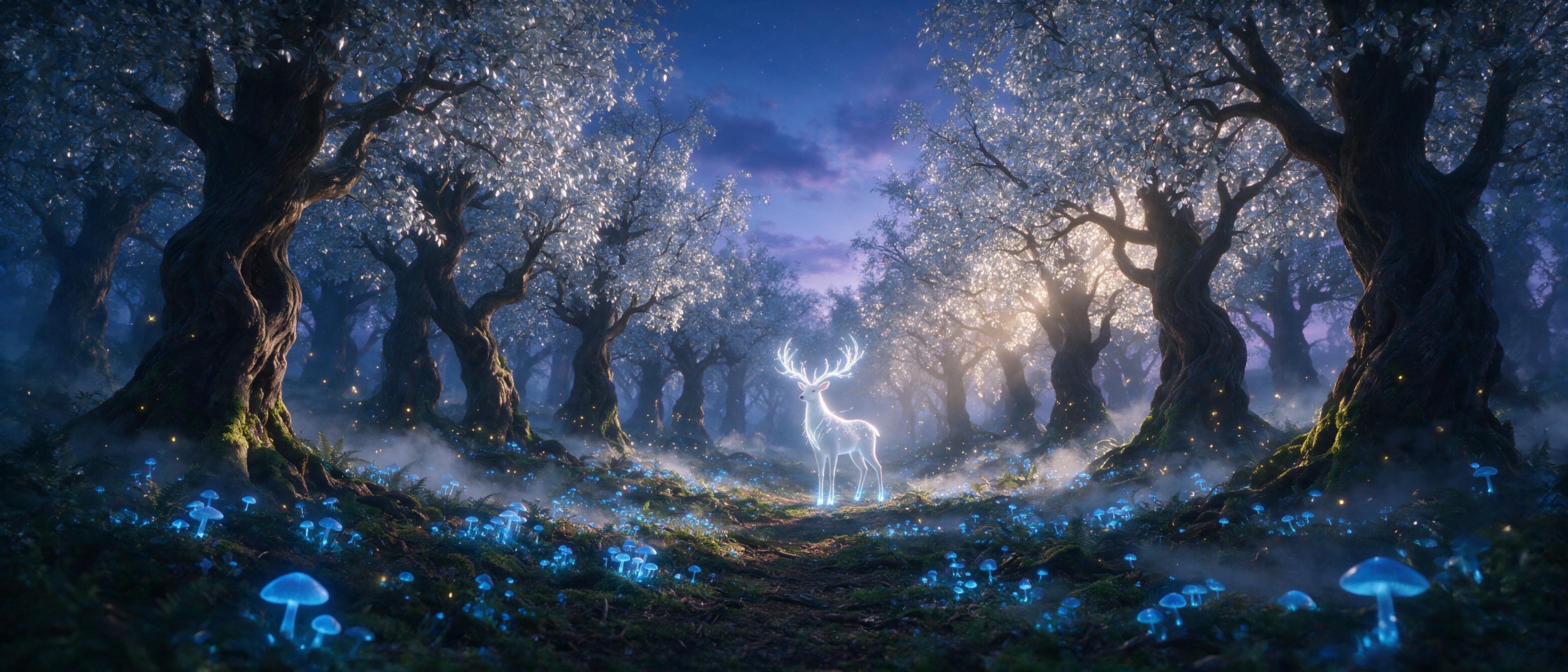 A luminous forest at twilight, glowing blue mushrooms carpeting the ground, ancient twisted trees with silver leaves, soft mist swirling between roots, a single ethereal deer with antlers of light, fireflies dancing in the air, cinematic wide-angle composition, warm golden light filtering through ca