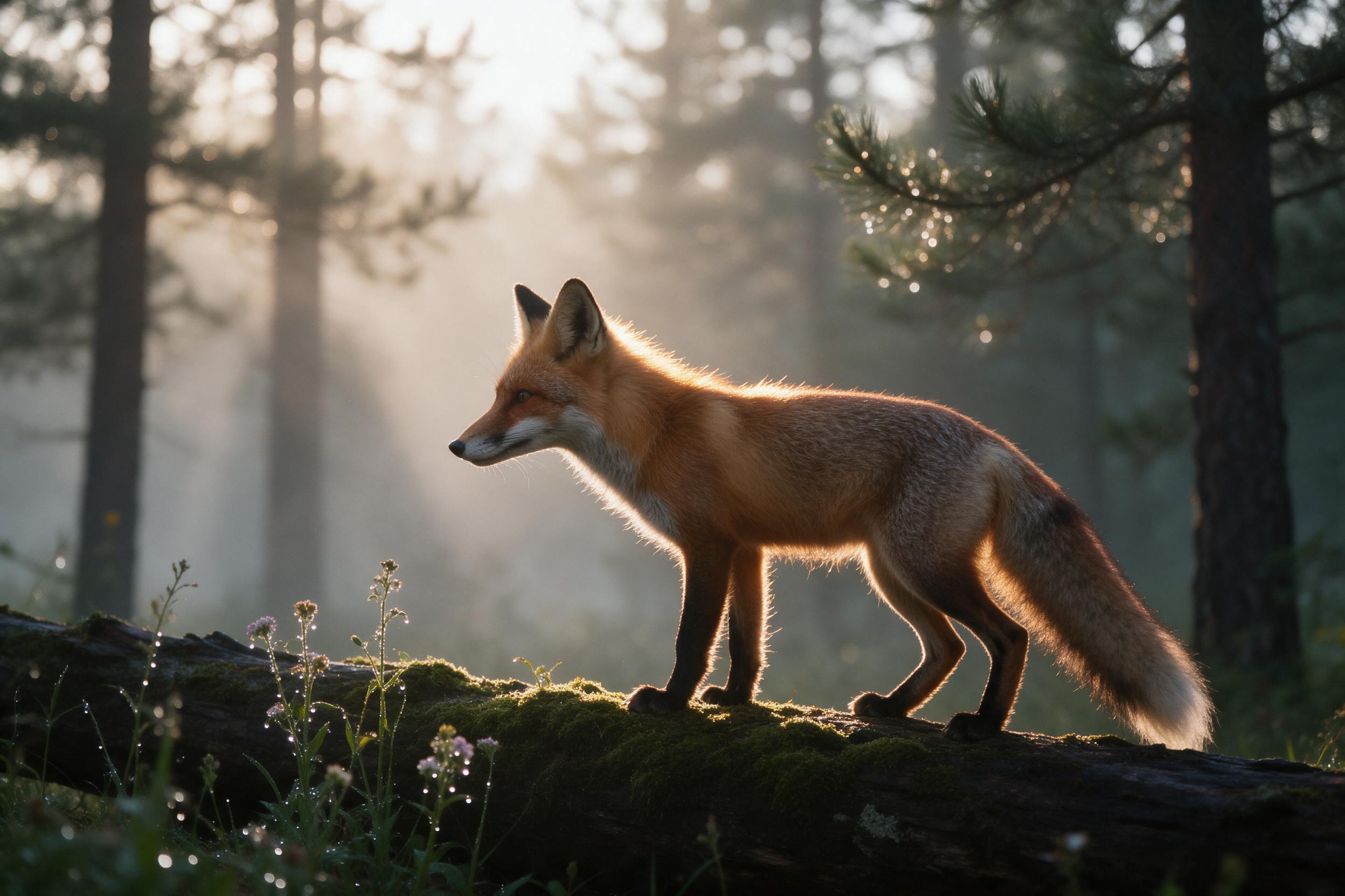 A red fox standing on a mossy log in a misty pine forest at dawn, fur glowing with warm golden backlight, dew droplets on wildflowers, soft volumetric light rays, shallow depth of field, 85mm lens, natural color grading with subtle film grain