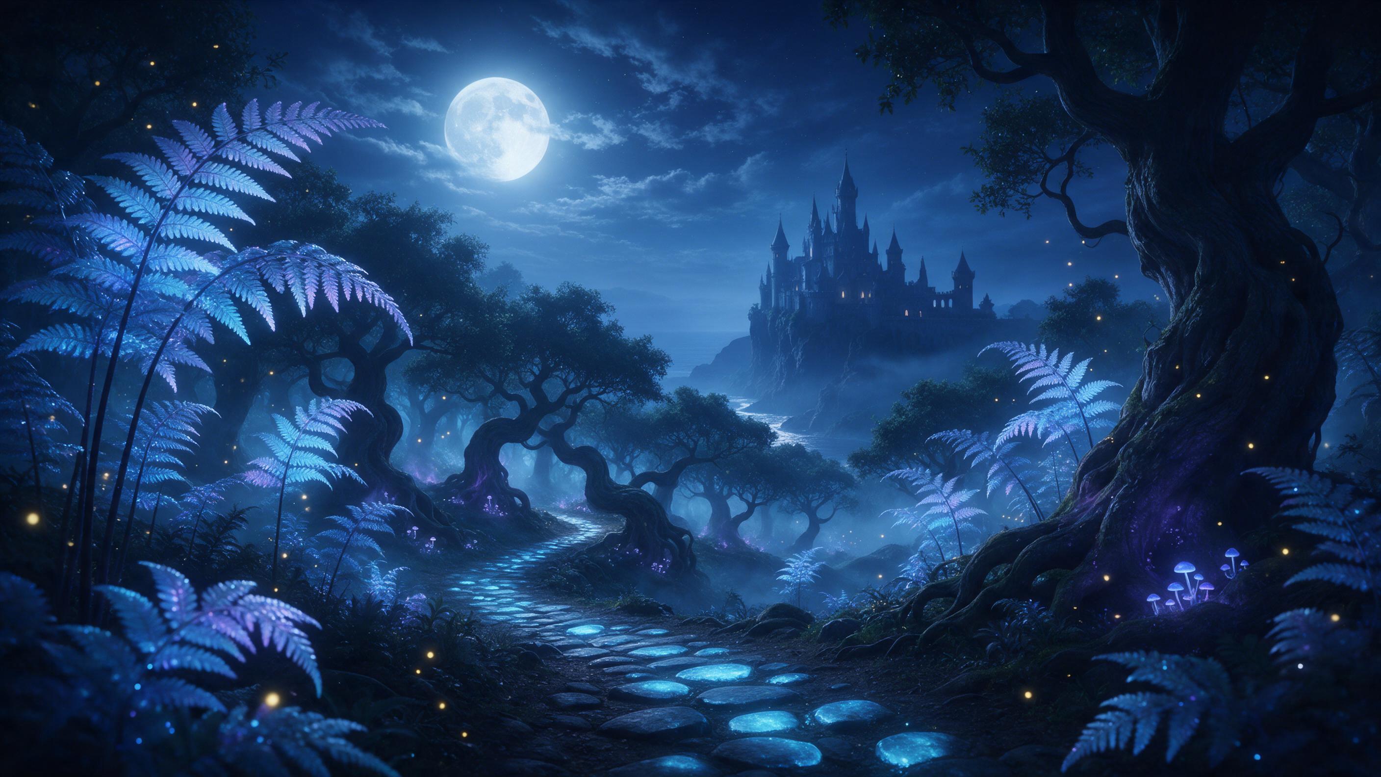 A moonlit enchanted forest with towering bioluminescent ferns casting soft blue and violet light, a winding path of glowing stones, mist curling between ancient curved trees, fireflies drifting as luminous specks, distant castle silhouette on a cliff, ethereal atmosphere, cinematic composition, drea