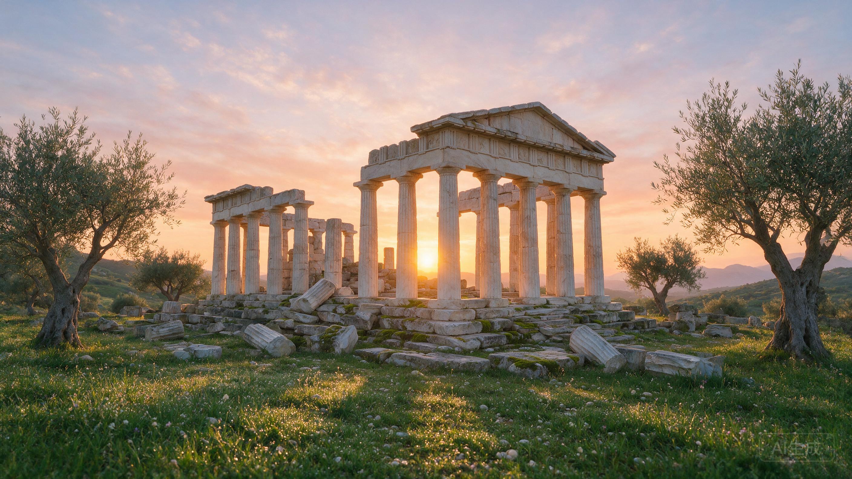 Ancient Greek temple ruins at dawn, columns silhouetted against the rising sun, olive trees, dewy grass