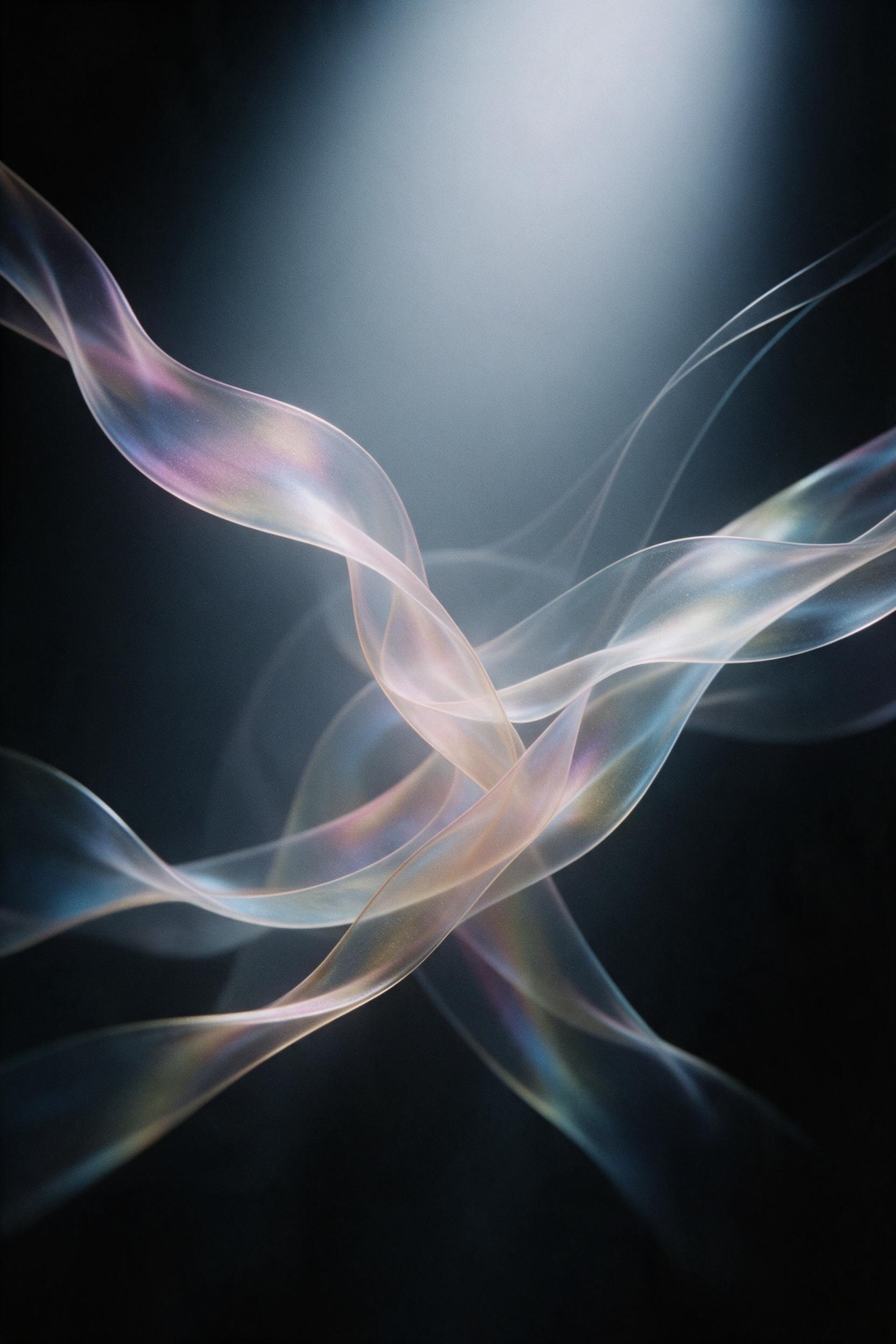 A minimalist abstract composition of flowing, translucent ribbons of iridescent oil and water, suspended in a dark void, lit by a single soft spotlight from above, with subtle grain and gentle contrast, emphasizing smooth curves and delicate color shifts, no text or figures.
