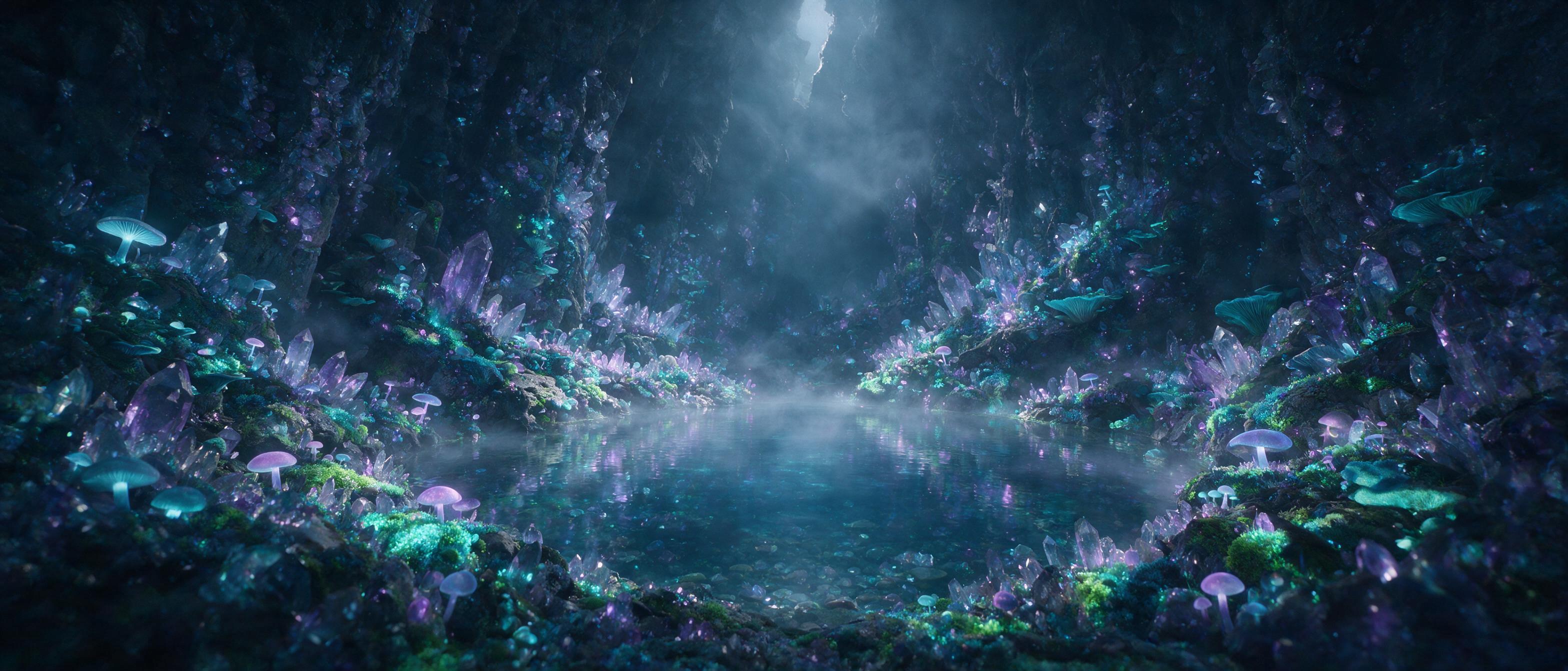 A glowing crystal cavern, bioluminescent fungi and moss on jagged walls, a small clear pool reflecting faint purple light, mist drifting through the air, single beam of pale moonlight from a crack above, ethereal and serene, cinematic composition with the pool centered