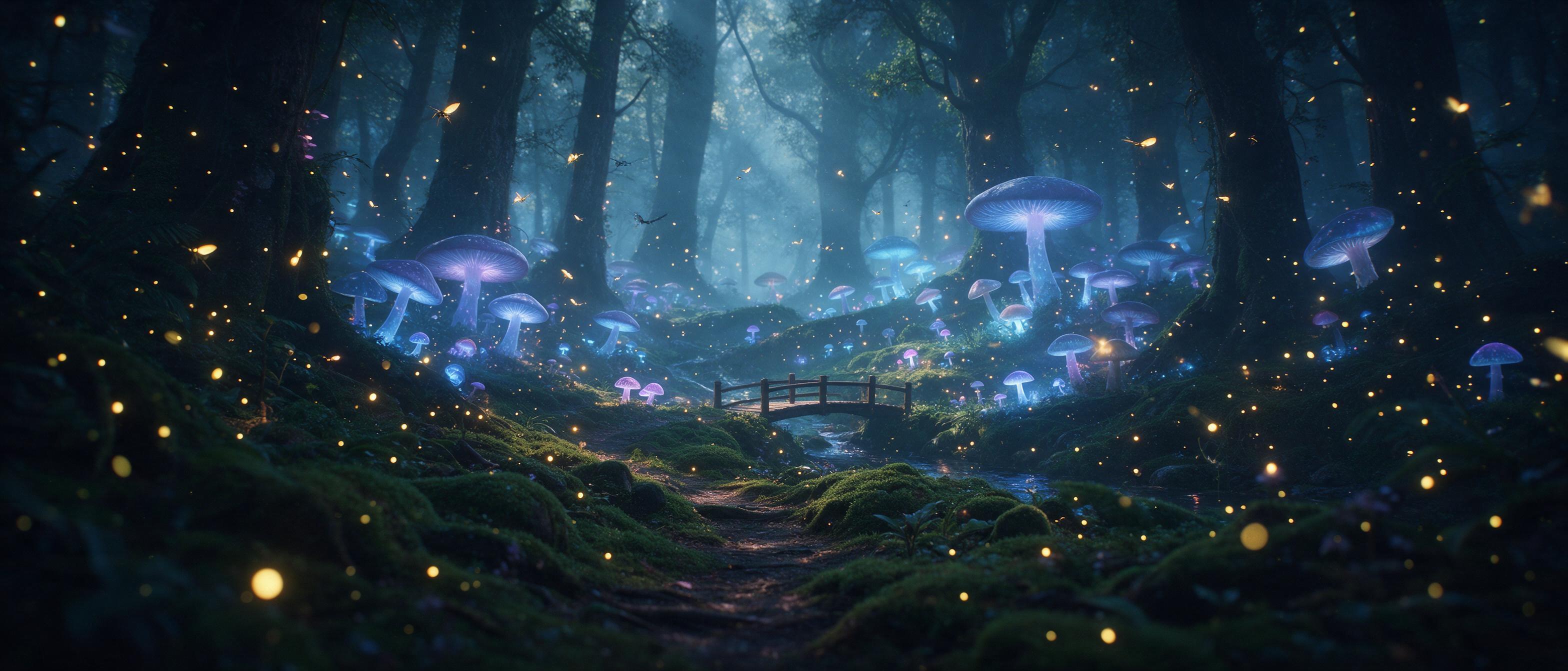 Enchanted forest clearing at dusk, giant glowing mushrooms cast soft blue and purple light, a small wooden bridge over a stream, mist wisping between ancient trees, fireflies dancing in the air, ethereal atmosphere, cinematic composition with foreground moss and winding path, warm golden accents fro