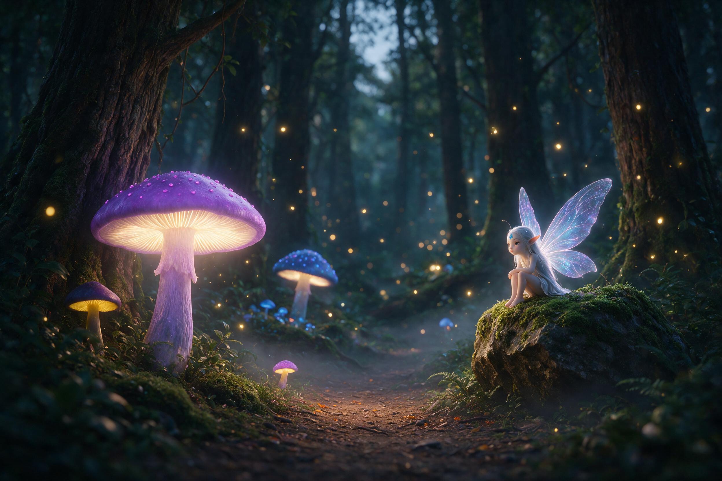 An ancient, glowing forest at twilight. Giant, bioluminescent mushrooms, some purple and blue, light the path. A small, winged creature with translucent wings sits on a mossy rock. Soft, golden fireflies float in the air. Mist hangs low. Warm, diffused light from the mushrooms. Shallow depth of fiel