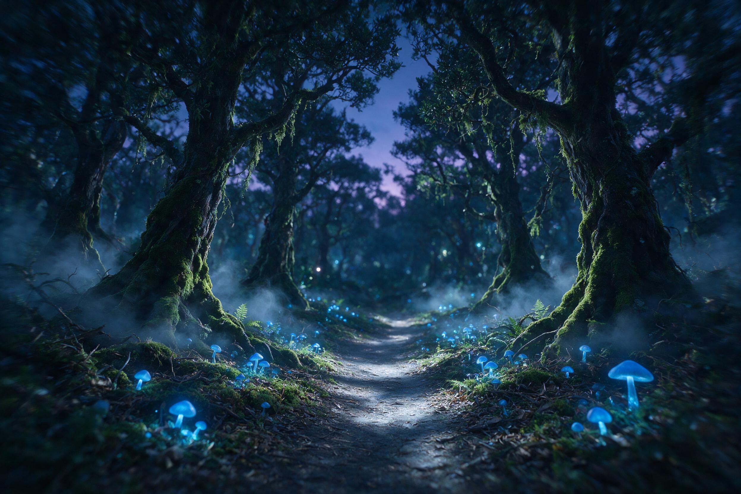 A mystical forest at twilight, with glowing blue mushrooms scattered along a winding path, ethereal fog swirling around ancient trees, dappled moonlight filtering through the canopy, soft bokeh in the background, slight camera shake adding a dreamy effect, natural lighting from the moon and biolumin