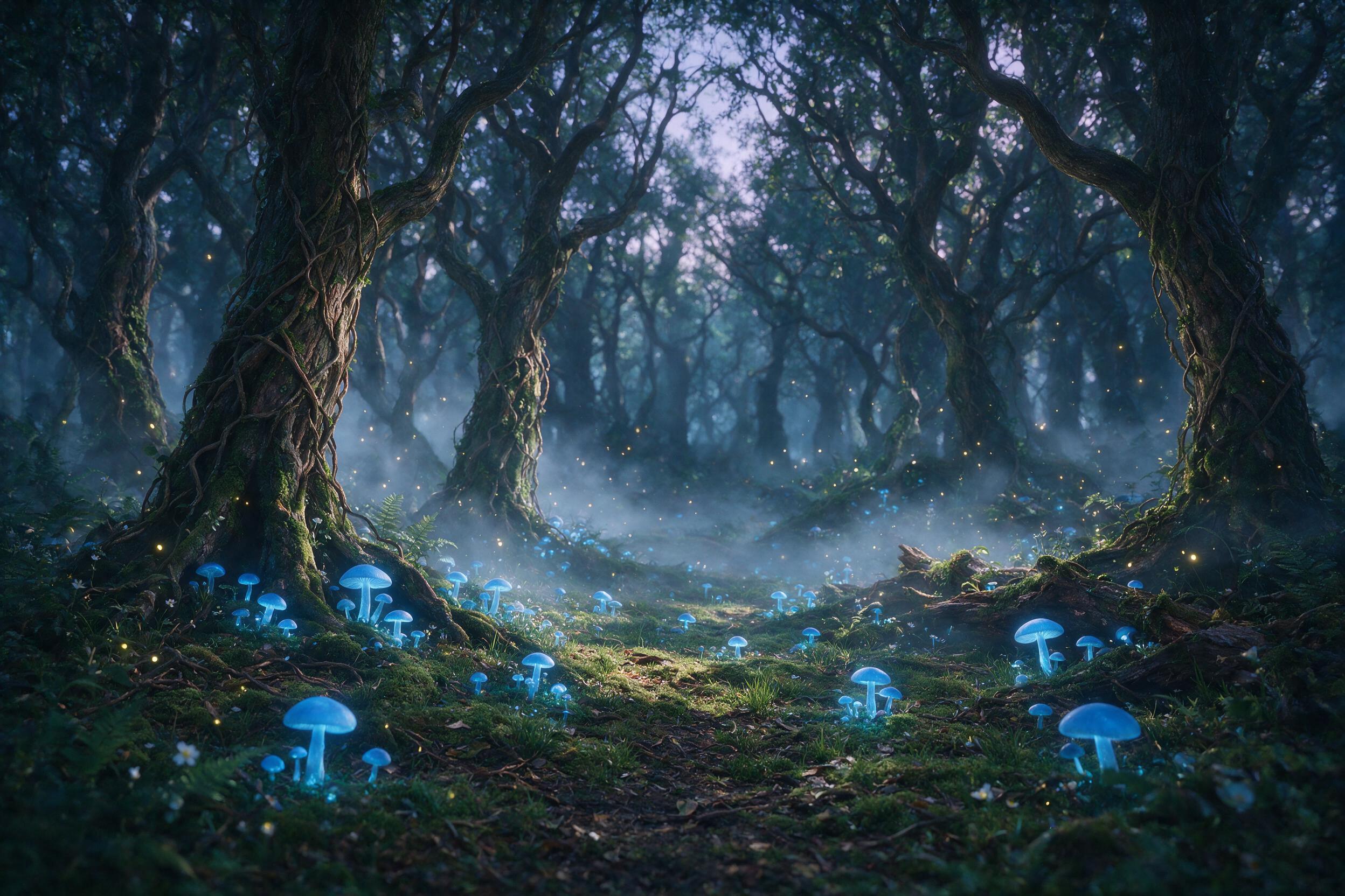 A mystical forest clearing at twilight, glowing blue mushrooms scattered on mossy ground, a silvery mist weaves between ancient gnarled trees, soft moonlight filters through the canopy, fireflies create floating light trails, shallow depth of field with a dreamy atmosphere, slight ethereal glow