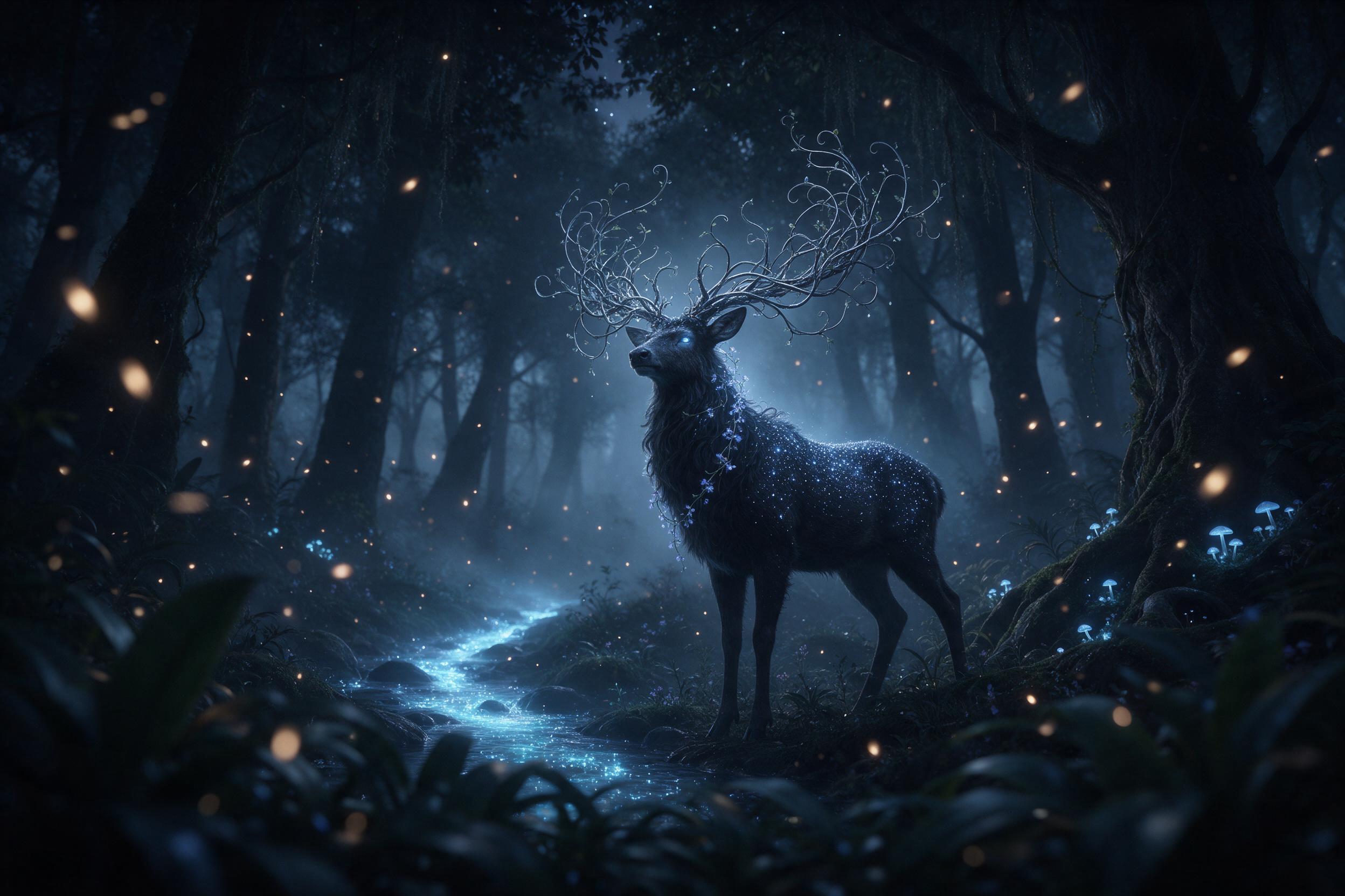 In a misty twilight forest, a giant glowing stag with antlers of tangled silver vines stands beside a bioluminescent stream. Its fur shimmers with starlight, while fireflies drift lazily through the air. Camera placed low, looking up at the beast, with a soft gaussian blur on the foreground leaves. 