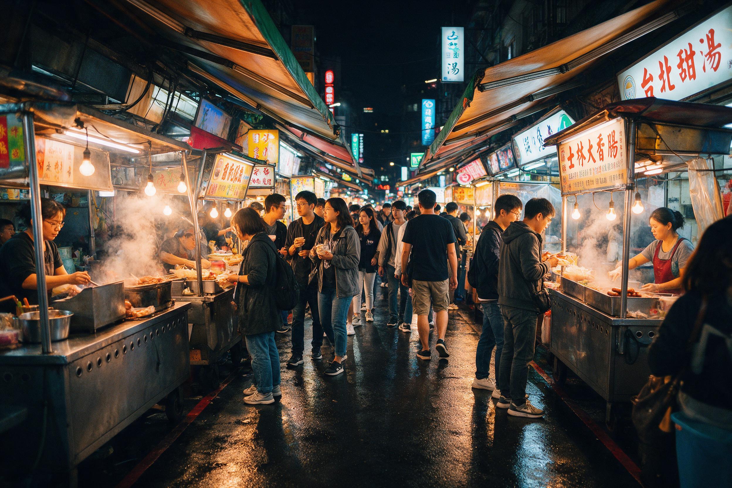 Night market alley in Taipei, steam rising from food stalls, warm tungsten lights, modern shop signs, people chatting, narrow street with wet asphalt reflections, handheld camera slight blur, vibrant colors, natural street photography mood