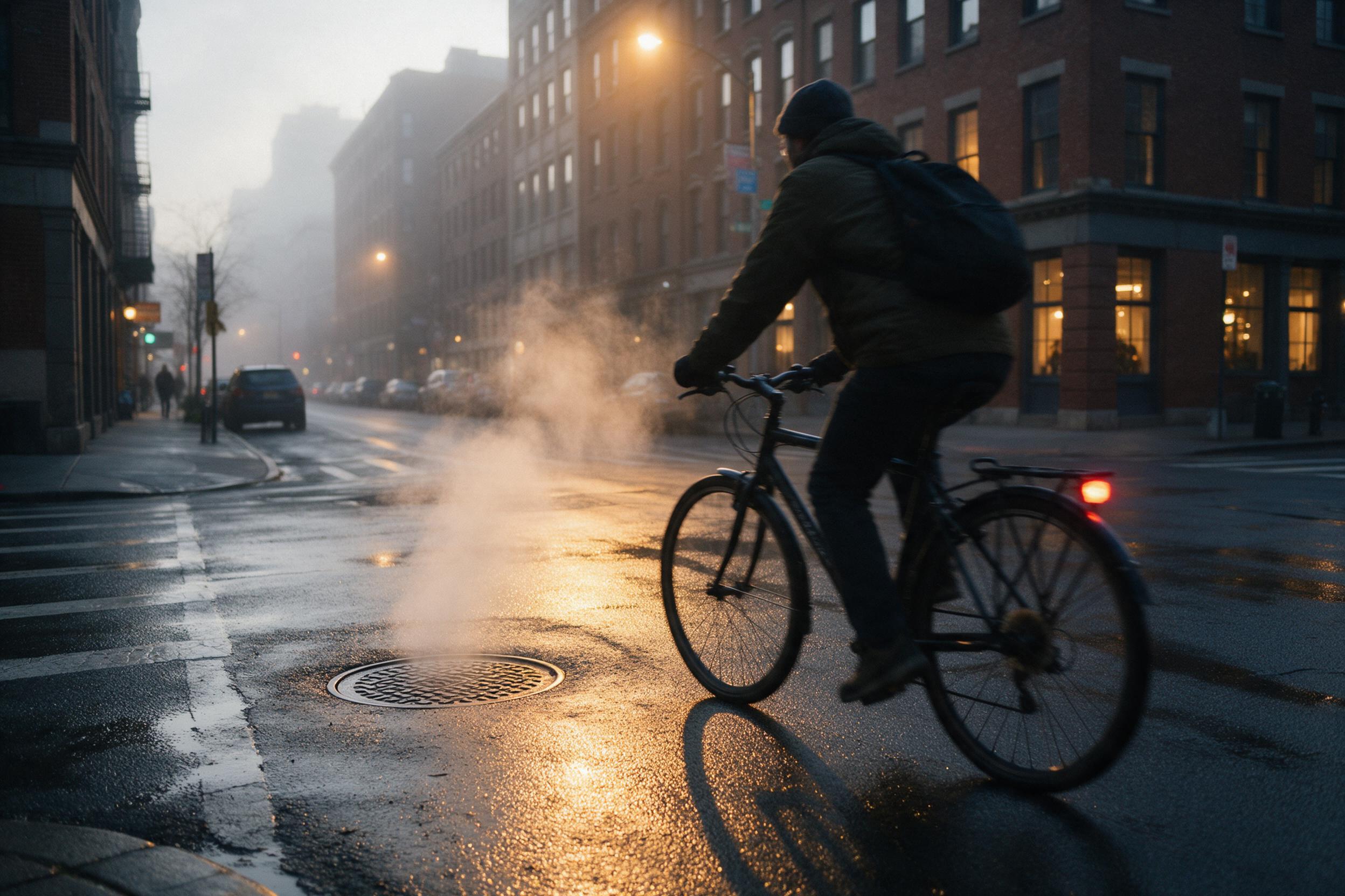 Misty morning city street, wet asphalt reflecting golden streetlights, a cyclist with a lit rear light passing, steam rising from a manhole cover, brick buildings with glow-in-window details, shallow depth, slight motion blur on bike, natural cool ambient light.