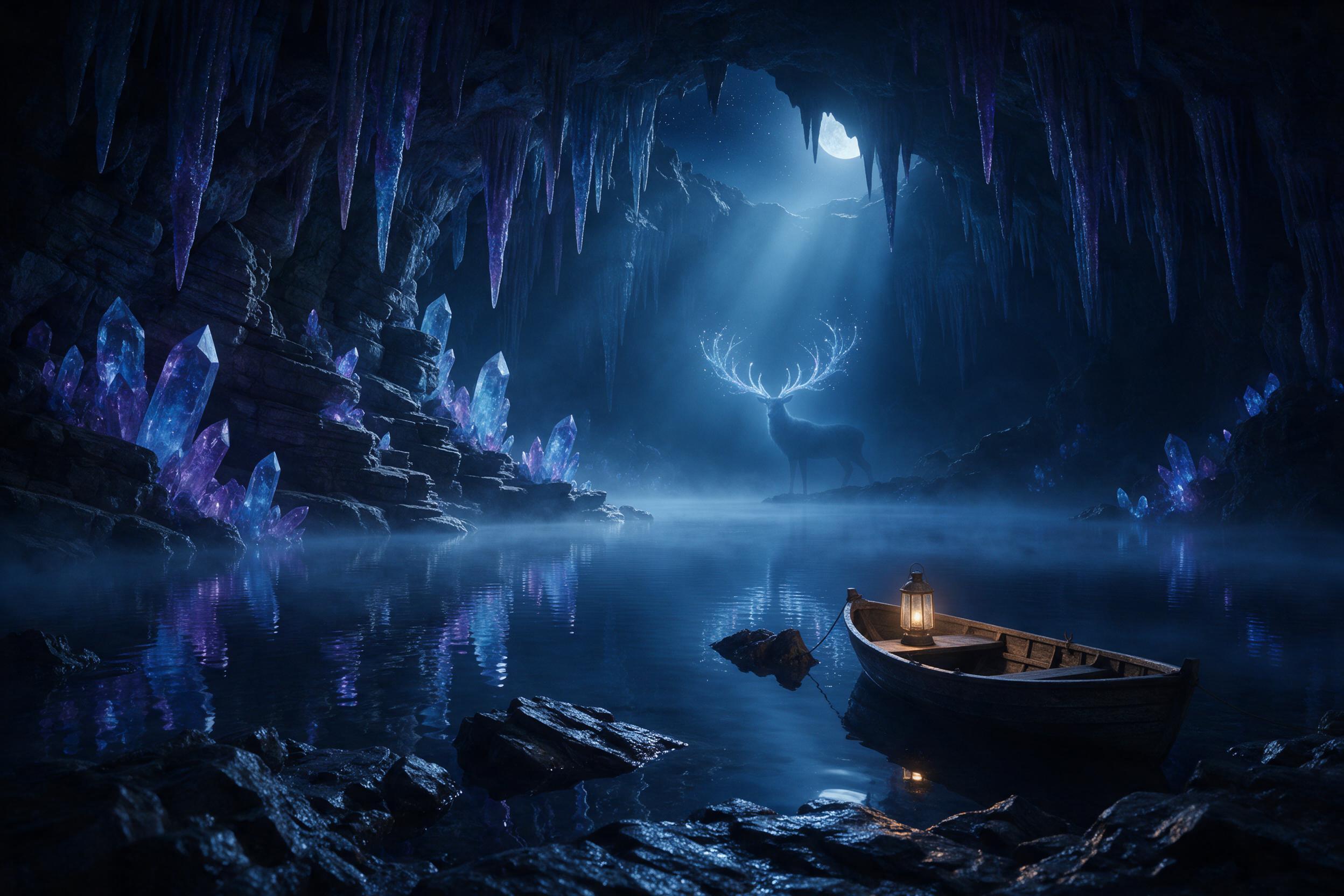 A moonlit crystal cavern, glowing blue and purple stalactites reflecting in a still underground lake, a small wooden boat with an old lantern, mist hovering over the water, faint silhouette of a giant deer with antlers made of light on the far shore, deep blues and violets, soft volumetric rays from