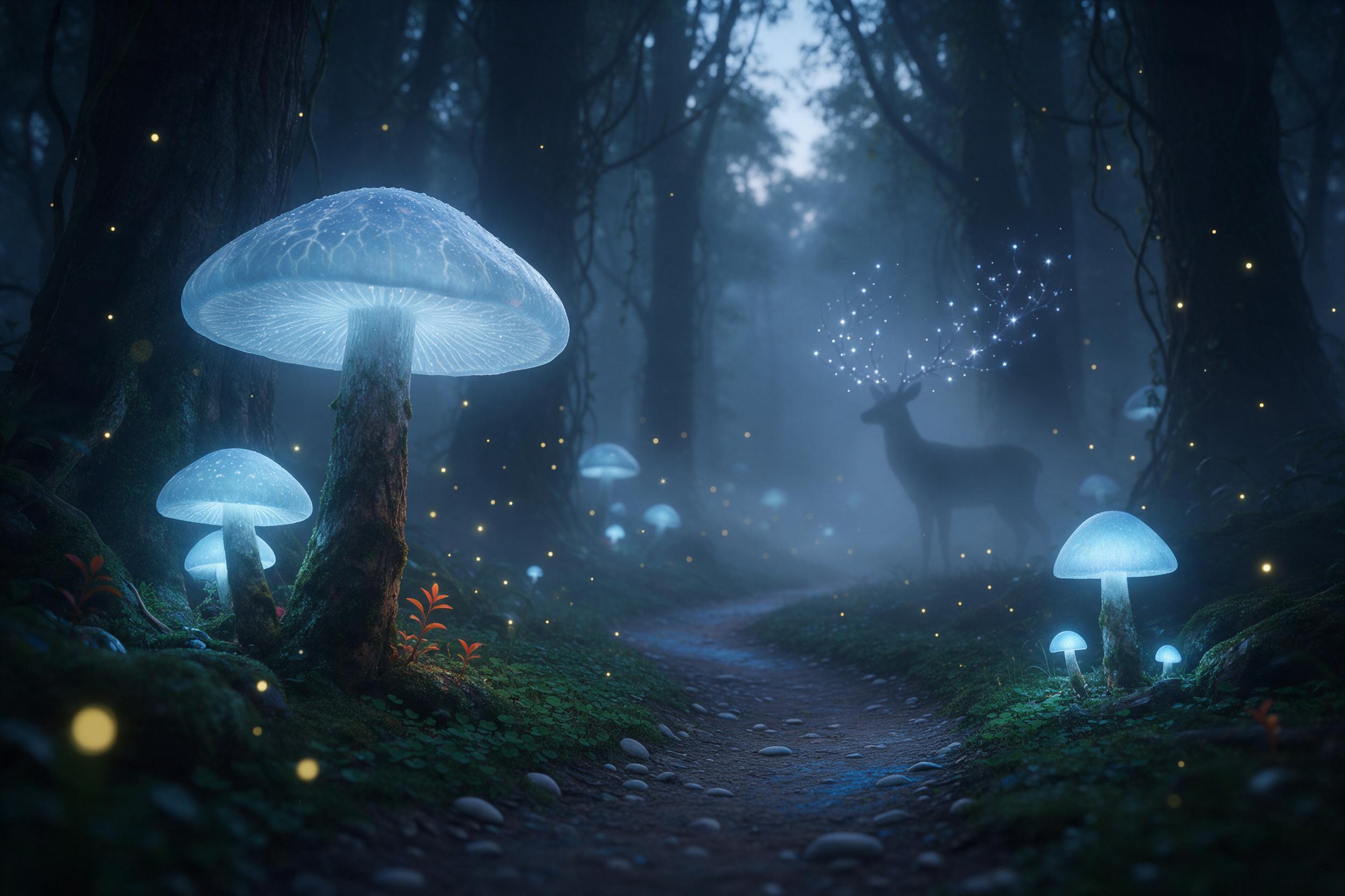 A misty, ancient forest at twilight, where giant glowing mushrooms cast soft blue light on a winding mossy path. Fireflies drift in the air, and a faint silhouette of a deer with antlers of twinkling stars stands among the trees. Low-angle composition, ethereal atmosphere.