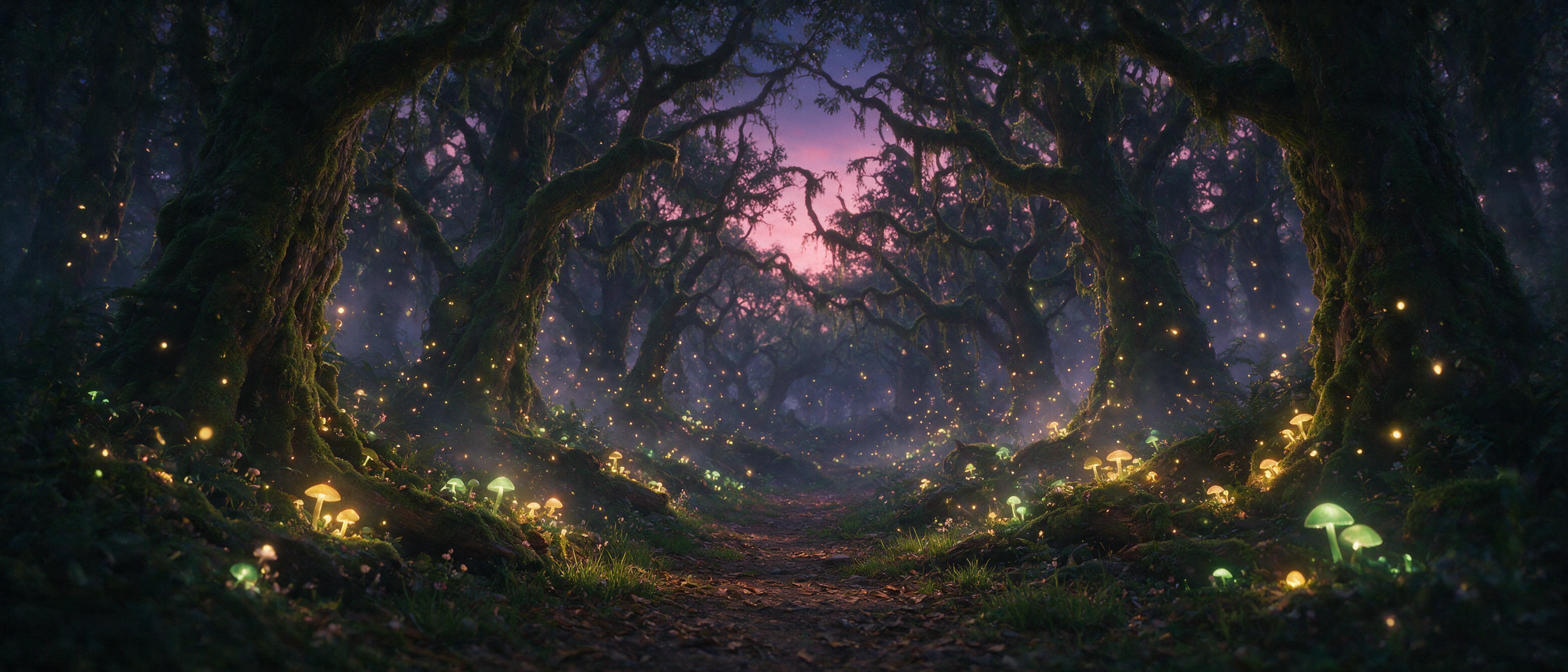A luminous forest at twilight, glowing mushrooms and floating fireflies illuminating a winding path, ancient moss-covered trees, soft mist, ethereal atmosphere, cinematic lighting, warm golden tones blending with deep purple shadows
