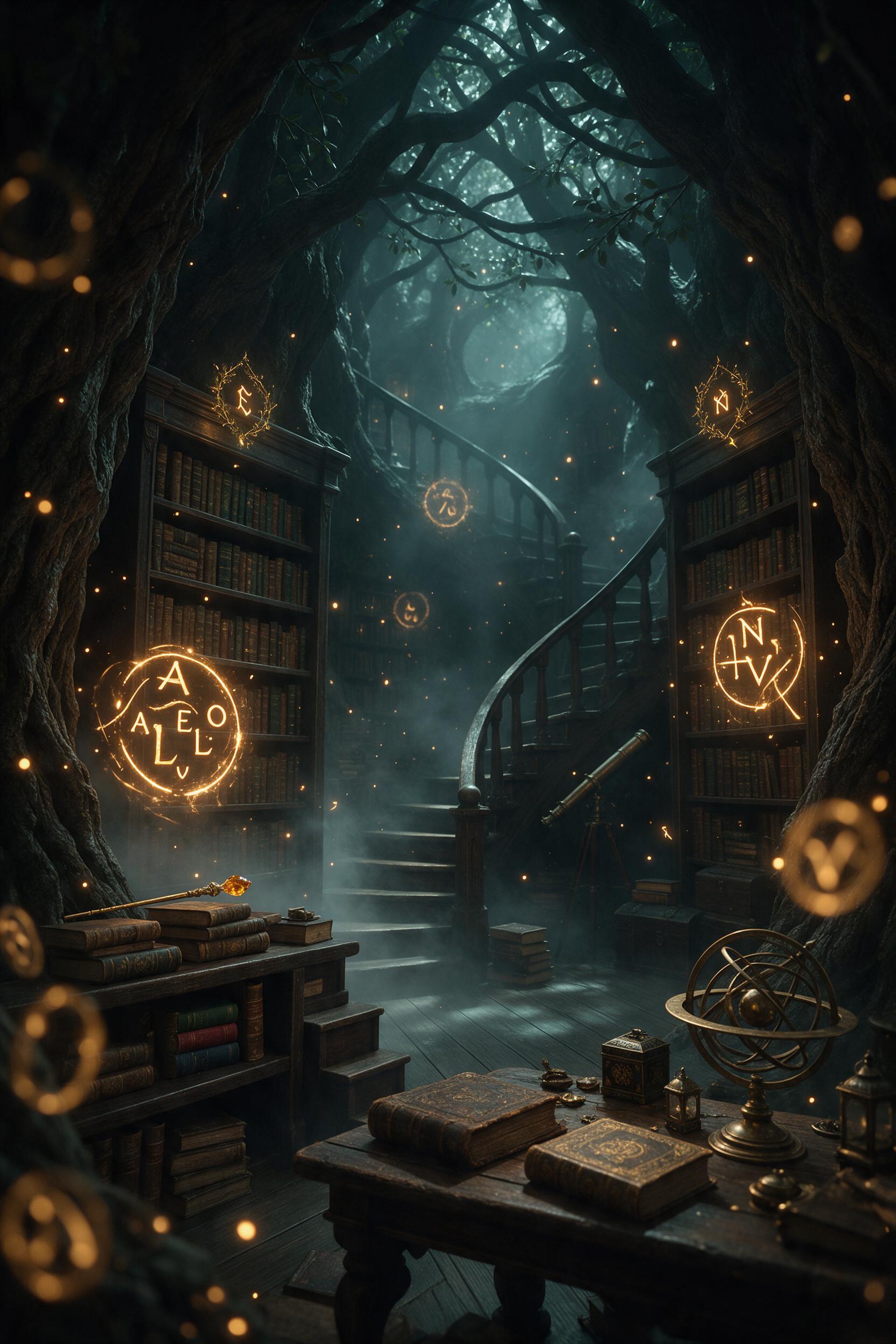 A moonlit ancient library hidden in a giant tree, glowing runes floating between shelves of aged leather-bound books, a winding staircase spiraling up into the canopy, soft mist drifting, fireflies casting warm light, cinematic depth of field, muted teal and amber palette