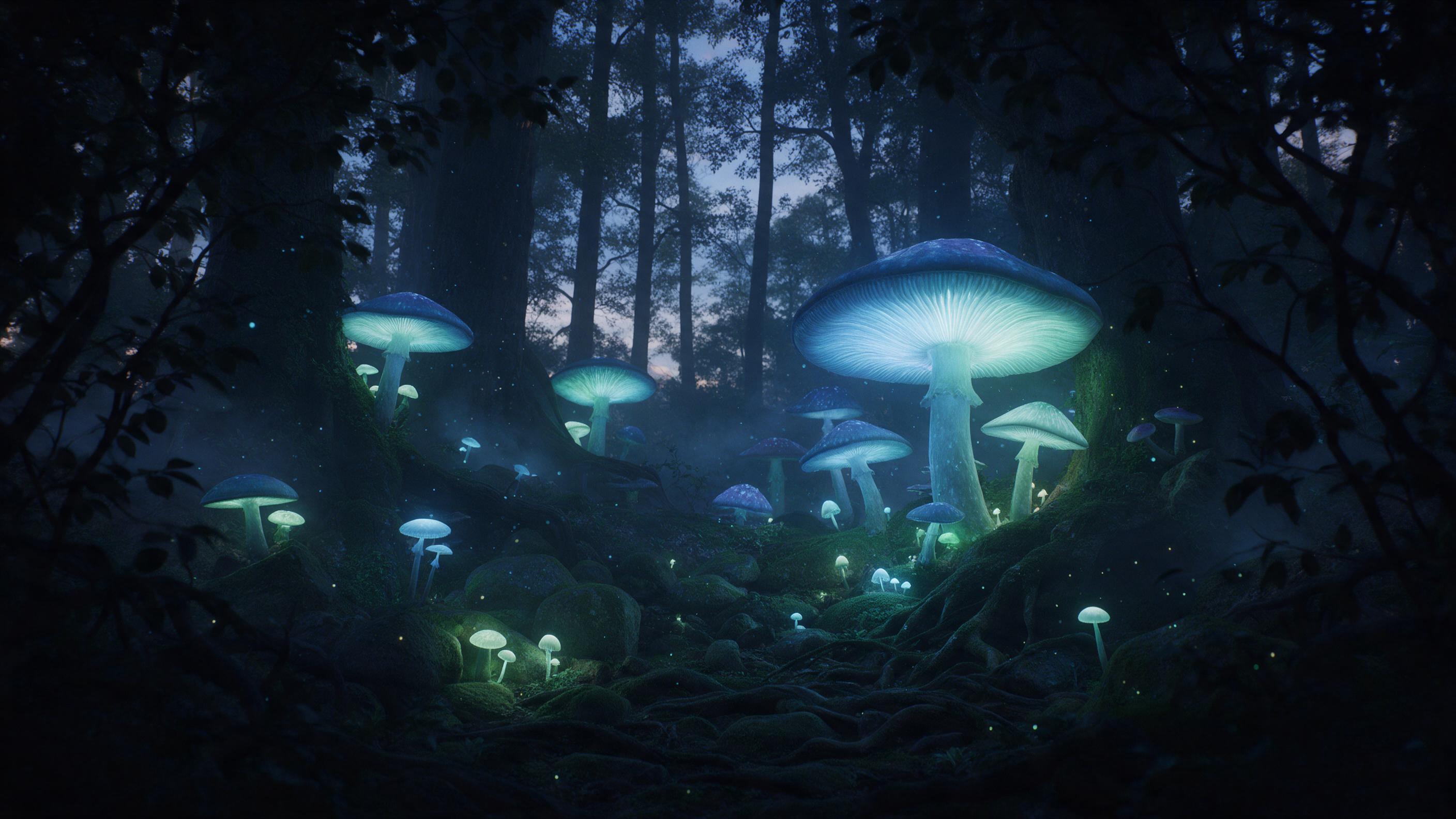 An ancient forest at twilight, where giant bioluminescent mushrooms glow in soft blues and greens, casting ethereal light on moss-covered stones and twisted roots. A faint mist curls between towering trees, and tiny glowing spores drift in the air. The scene is framed by silhouetted branches, with a