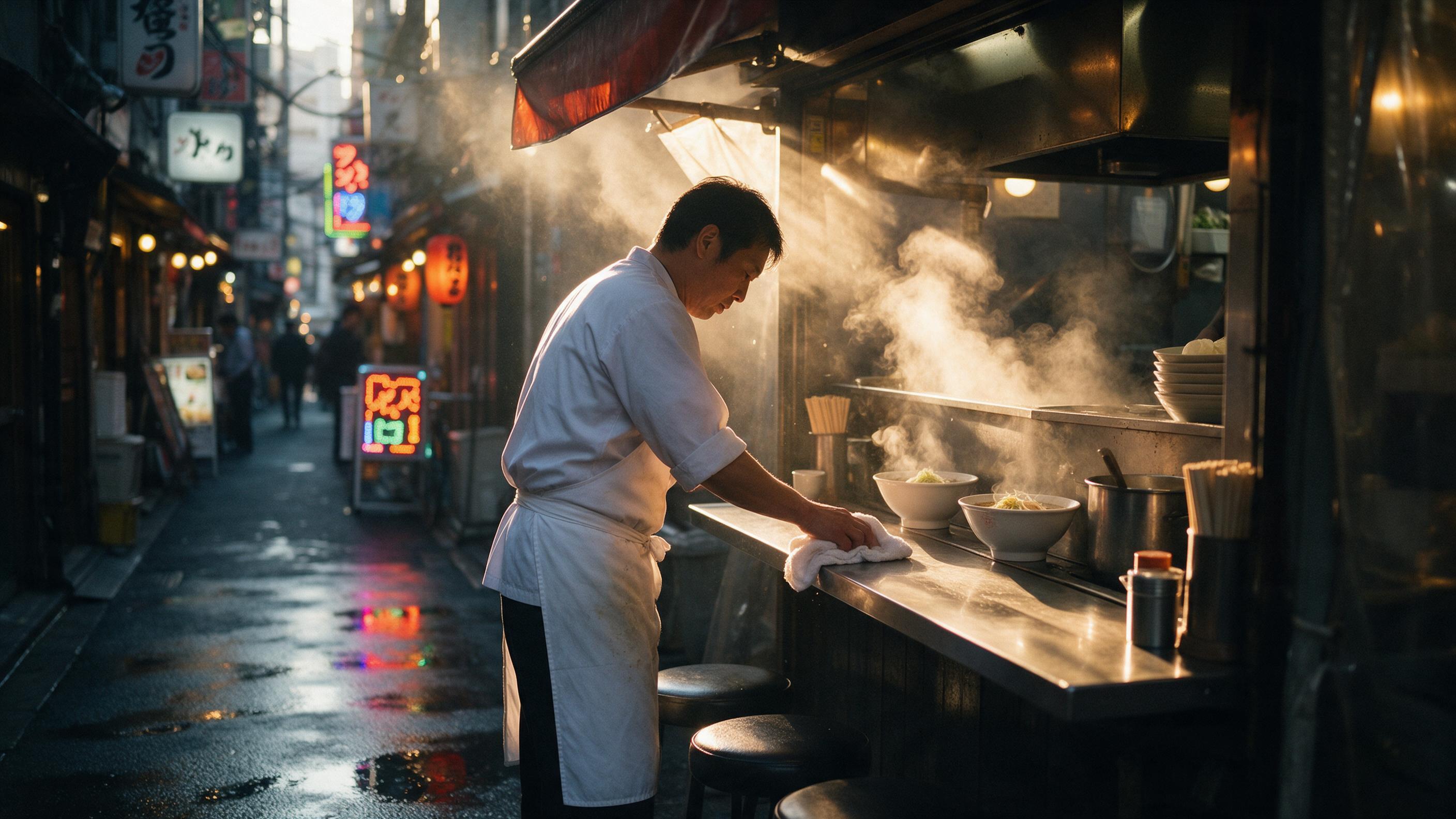 Golden hour warm light cascades through a narrow Tokyo alley, steam rising from a ramen stall, a lone chef in white apron wiping a counter, wet pavement reflecting neon signs, slight camera shake, natural candid moment, shallow depth of field, cinematic color grading