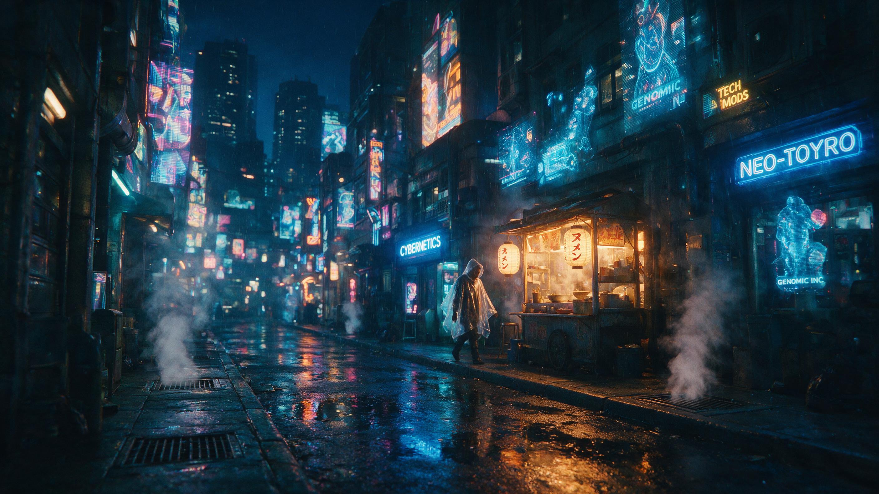 A neon-lit cyberpunk alleyway at midnight, rain-slicked asphalt reflecting holographic advertisements, a lone figure in a translucent poncho walking past a flickering noodle stand, steam rising from vents, shallow depth of field with warm amber and cool cyan tones, slight grain
