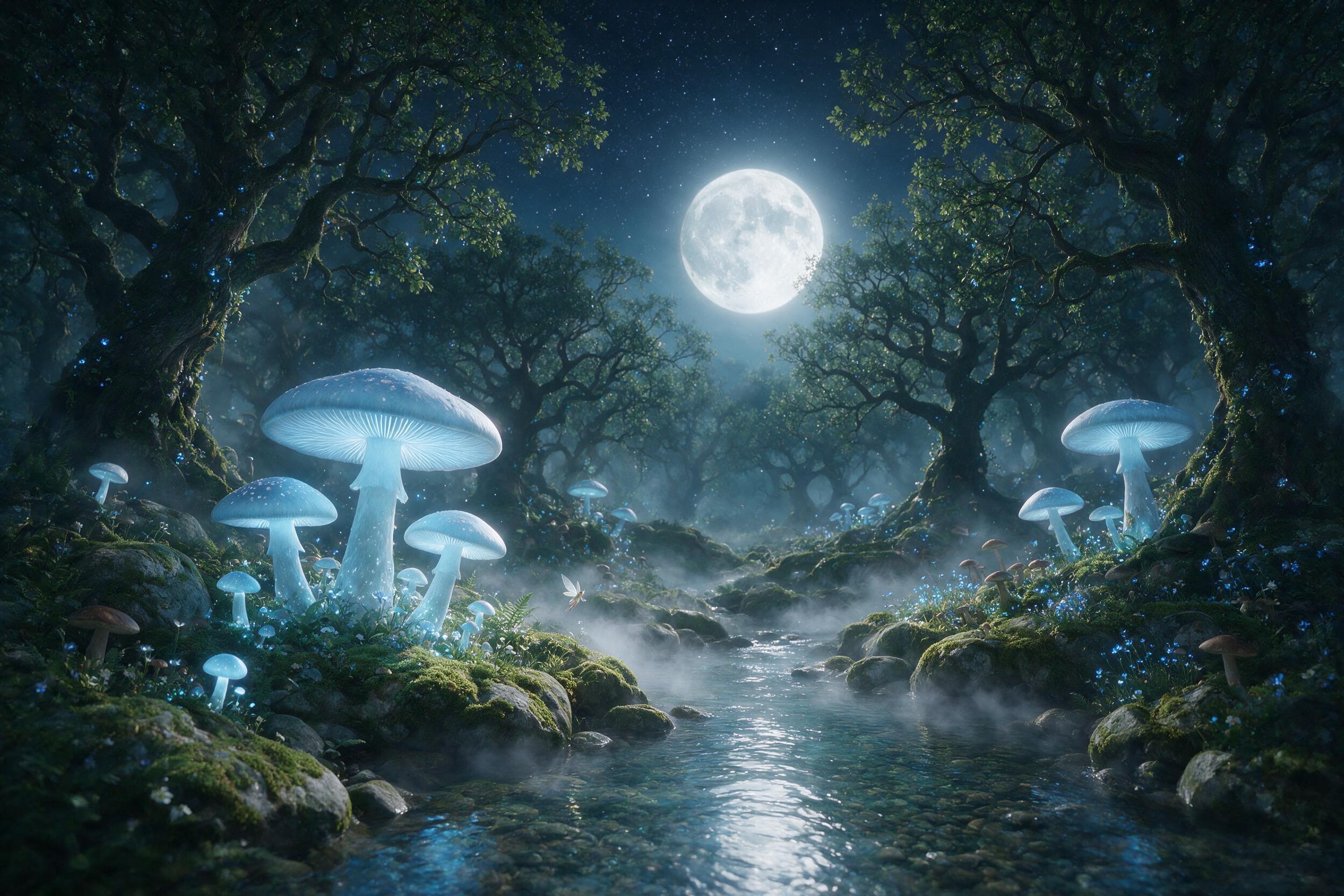 A moonlit enchanted forest clearing, giant glowing mushrooms casting soft blue light on mossy stones, a tiny fairy with translucent wings hovering near a crystal stream, misty air, ethereal atmosphere, shallow depth of field, natural color palette with luminescent accents.