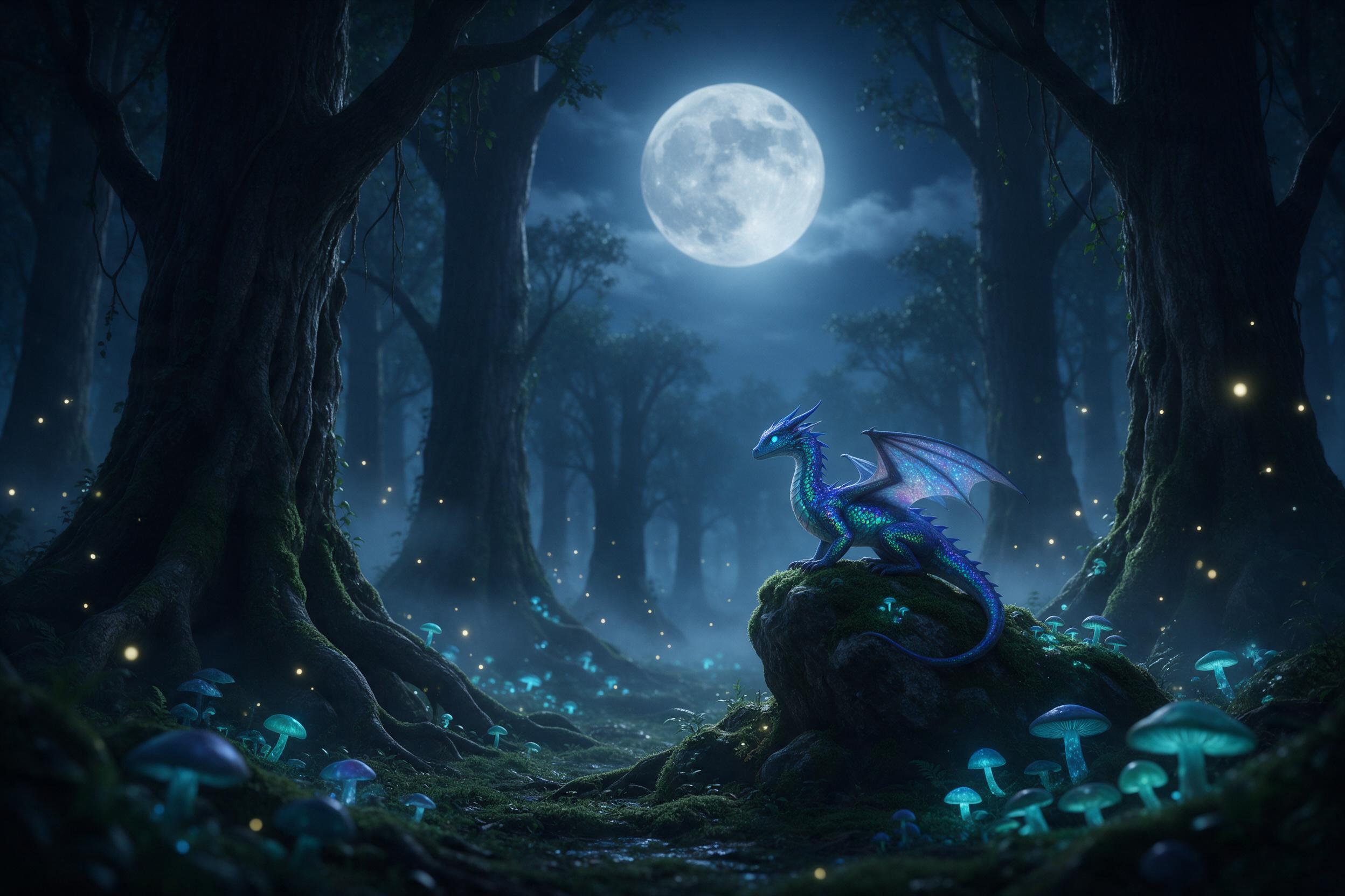 A moonlit forest clearing with glowing bioluminescent mushrooms, a small dragon with iridescent scales perched on a mossy rock, mist weaving between ancient trees, soft blue and green tones, fireflies drifting, cinematic depth of field, ethereal atmosphere