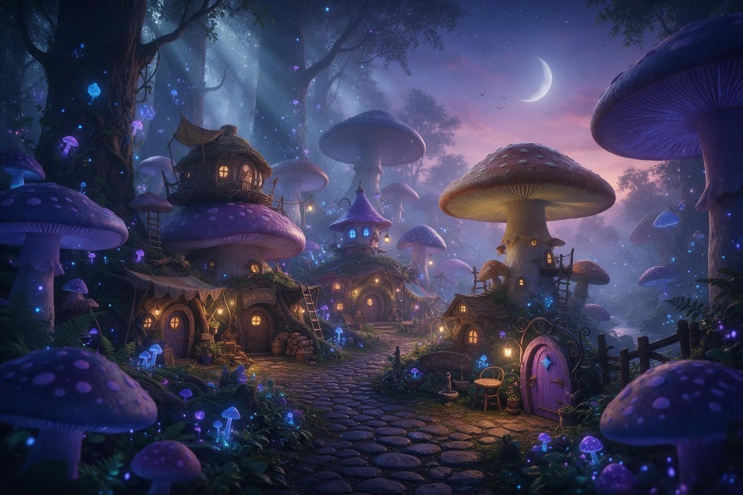 A glowing fairy village nestled among giant mushroom caps in a misty twilight forest. Bioluminescent blue and purple spores drift through the air, illuminating tiny cobblestone paths and miniature wooden doors. Soft volumetric light rays pierce the canopy, while a crescent moon hangs low on the hori