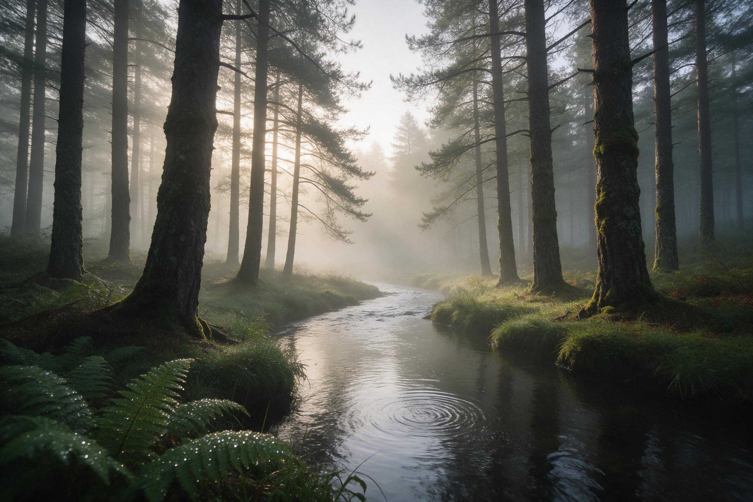 A winding stream flows through a misty forest at dawn, tall pines with moss-covered trunks, soft golden light filtering through fog, dew on ferns, gentle ripples on water, tranquil atmosphere, natural color palette, wide-angle composition